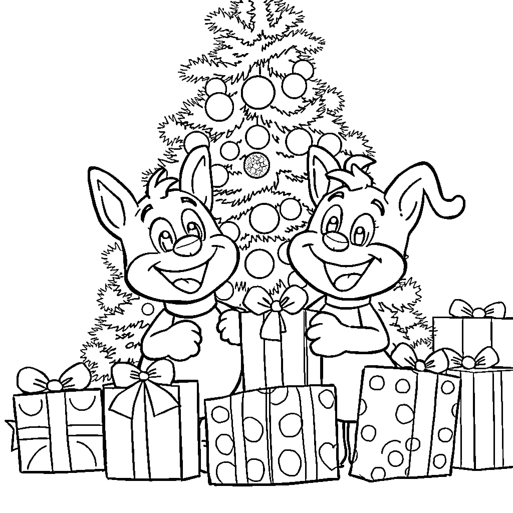 Bluey characters celebrate Christmas with tree and gifts Coloring Page (free black-and-white line drawing printable PDF for all, from beginners to advanced learners, including children, teens, adults, and seniors)