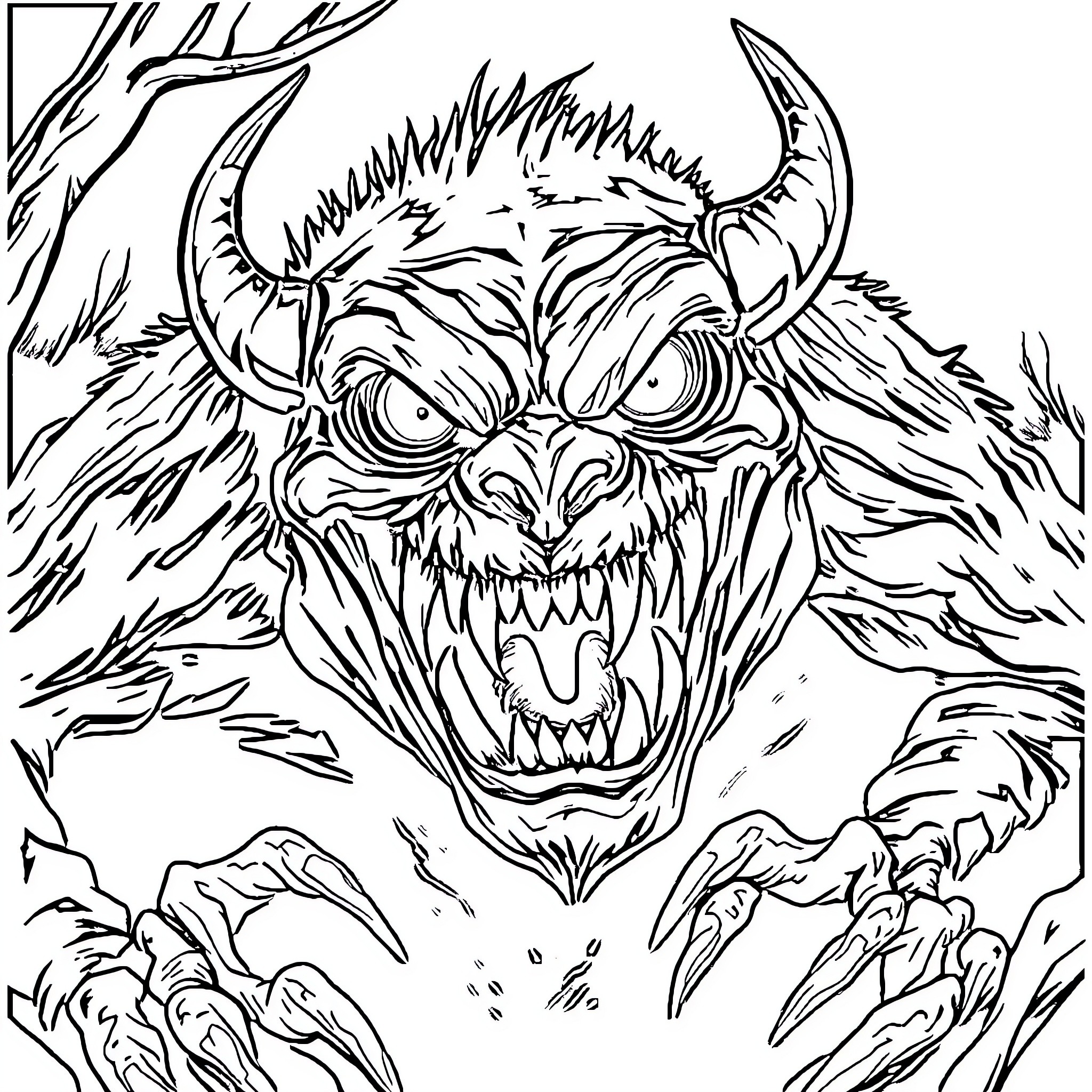 Monster Snarling Menacingly with Fearsome Expression Coloring Page (free black-and-white line drawing printable PDF for all, from beginners to advanced learners, including children, teens, adults, and seniors)