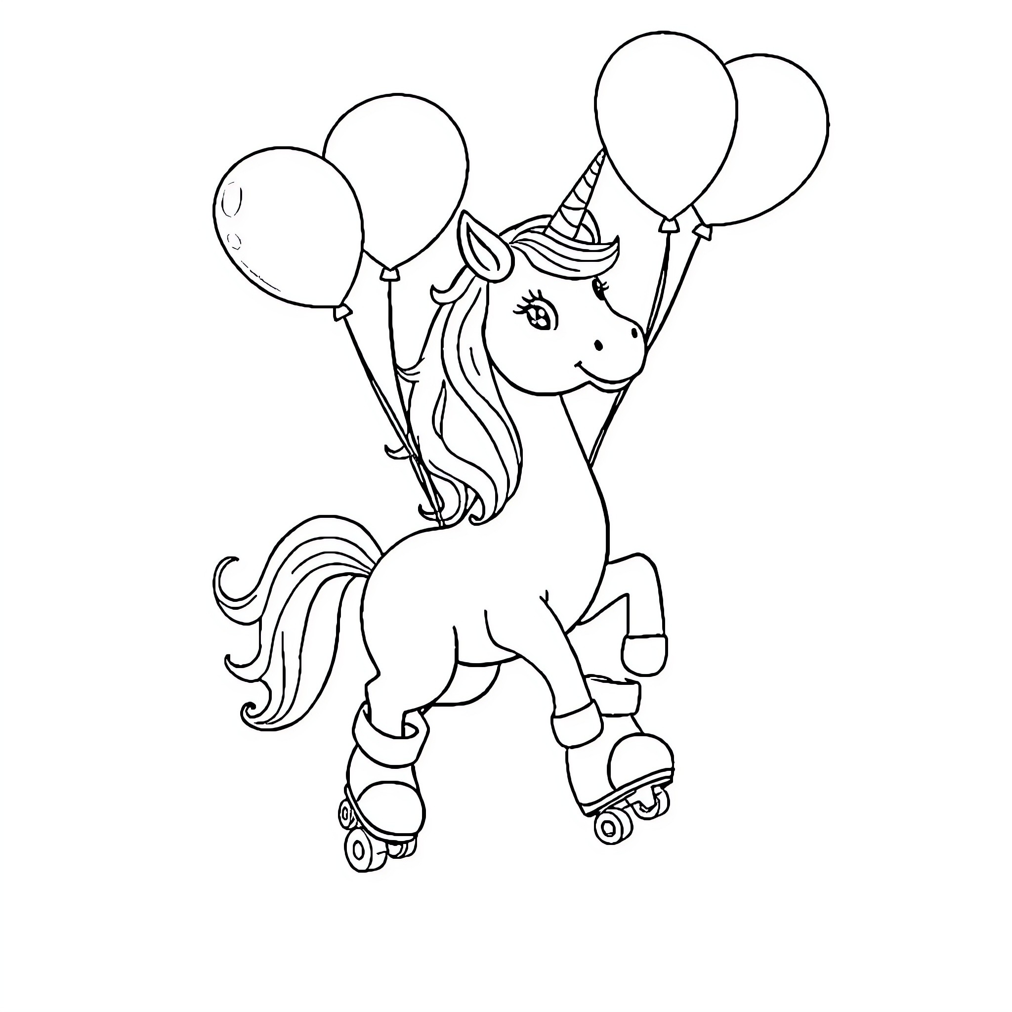 Unicorn riding roller skates with balloons Coloring Page (free black-and-white line drawing printable PDF for all, from beginners to advanced learners, including children, teens, adults, and seniors)