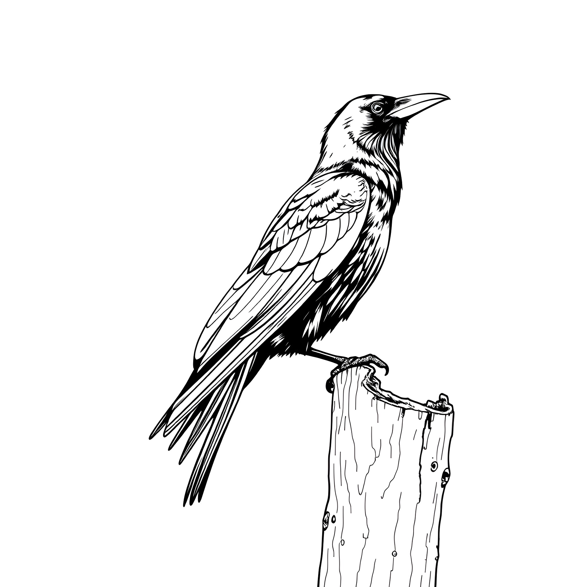 Crow perched elegantly on wooden post Coloring Page (free black-and-white line drawing printable PDF for all, from beginners to advanced learners, including children, teens, adults, and seniors)