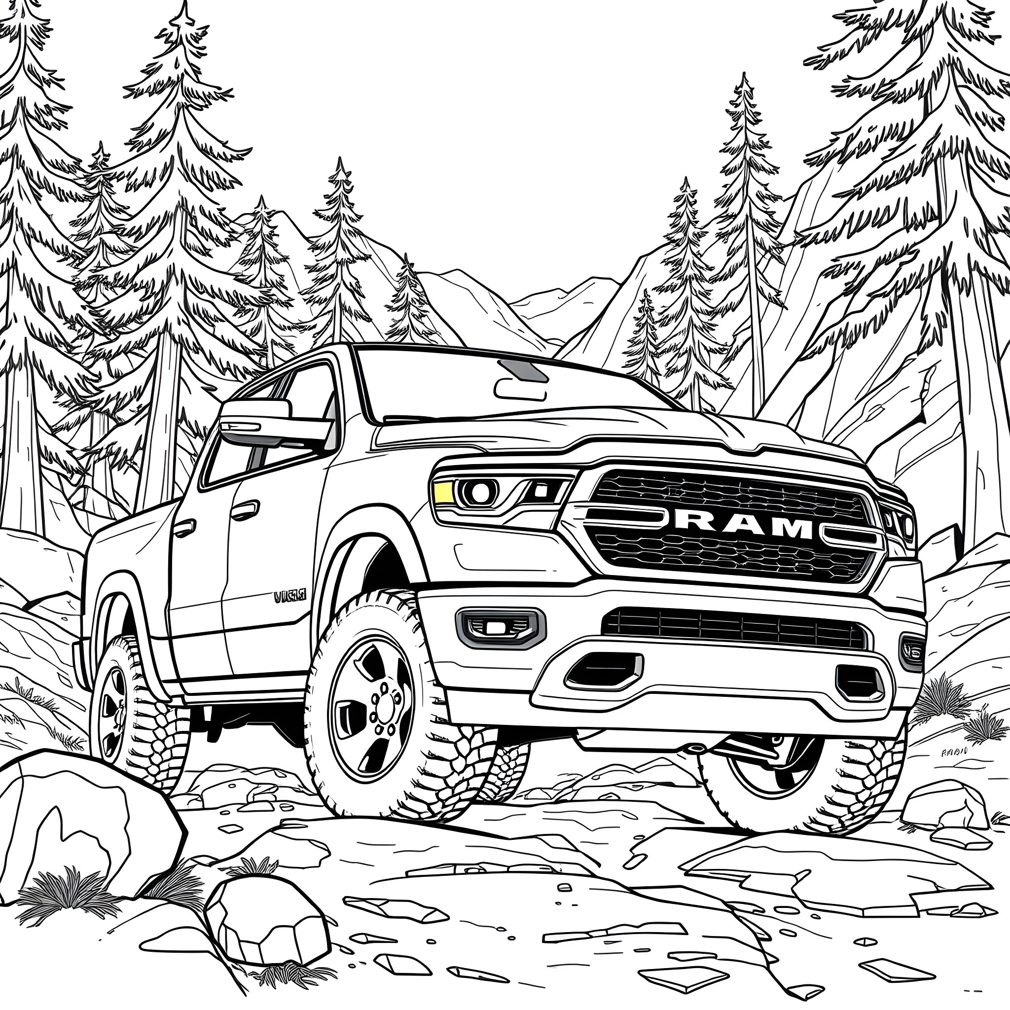 RAM 1500 Pickup Truck in Snowy Mountain Landscape Coloring Page (free black-and-white line drawing printable PDF for all, from beginners to advanced learners, including children, teens, adults, and seniors)