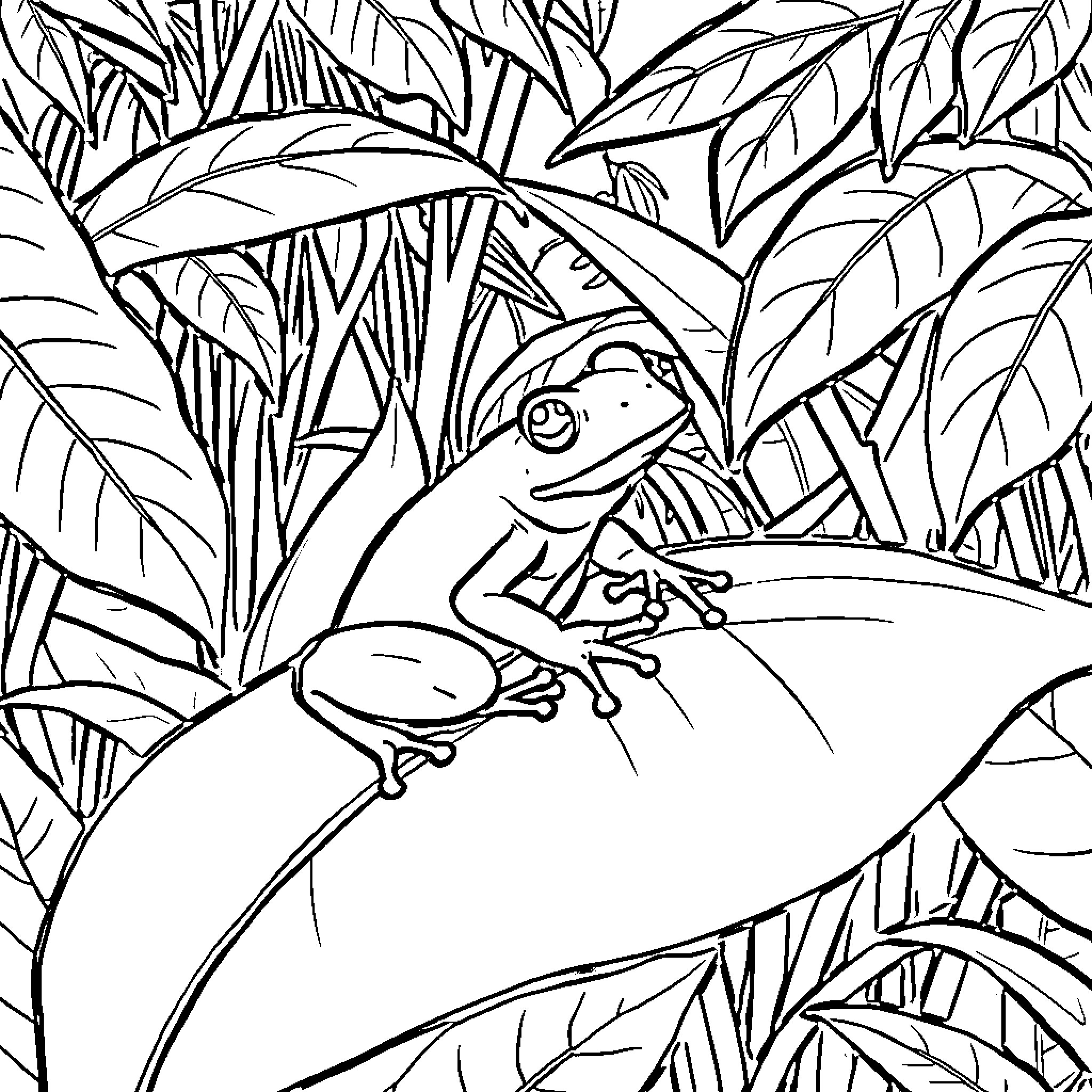 Frog exploring the jungle foliage Coloring Page (free black-and-white line drawing printable PDF for all, from beginners to advanced learners, including children, teens, adults, and seniors)