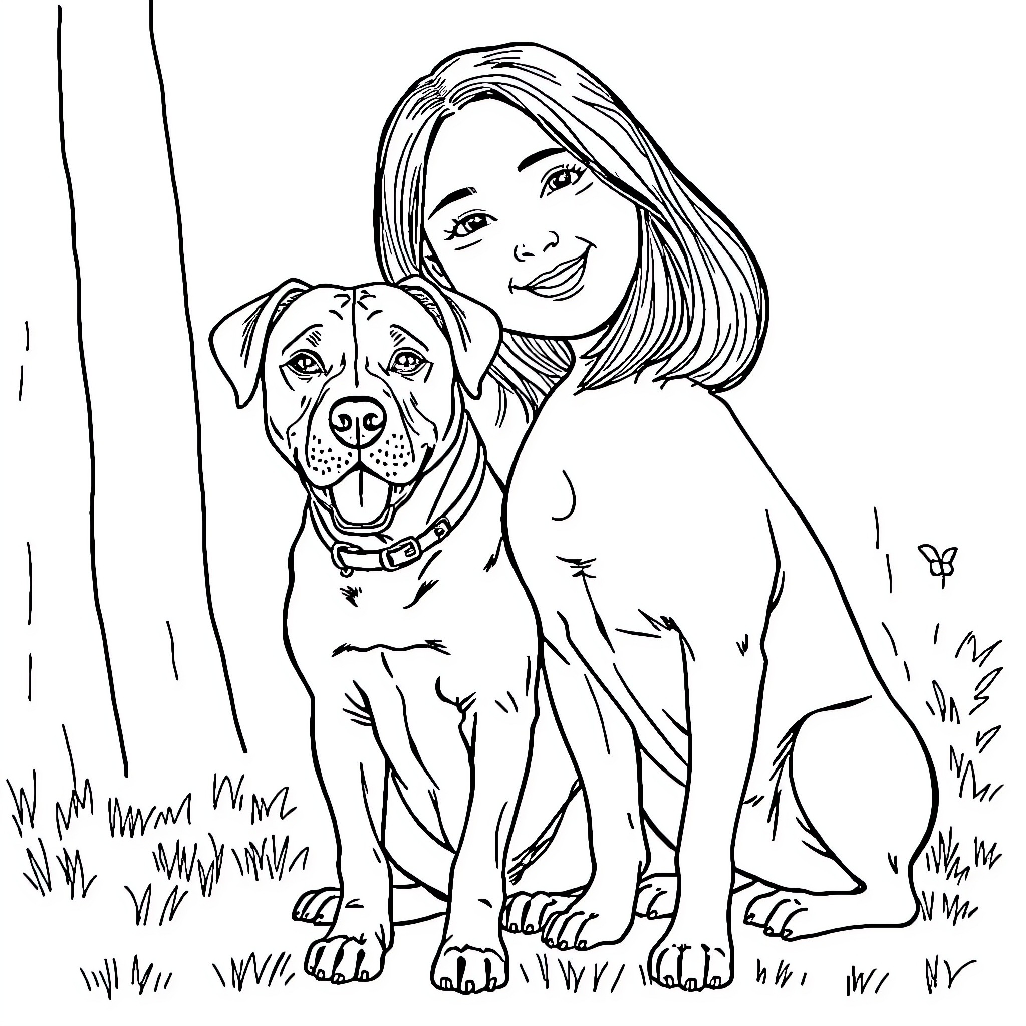 Dog and owner enjoying nature together Coloring Page (free black-and-white line drawing printable PDF for all, from beginners to advanced learners, including children, teens, adults, and seniors)