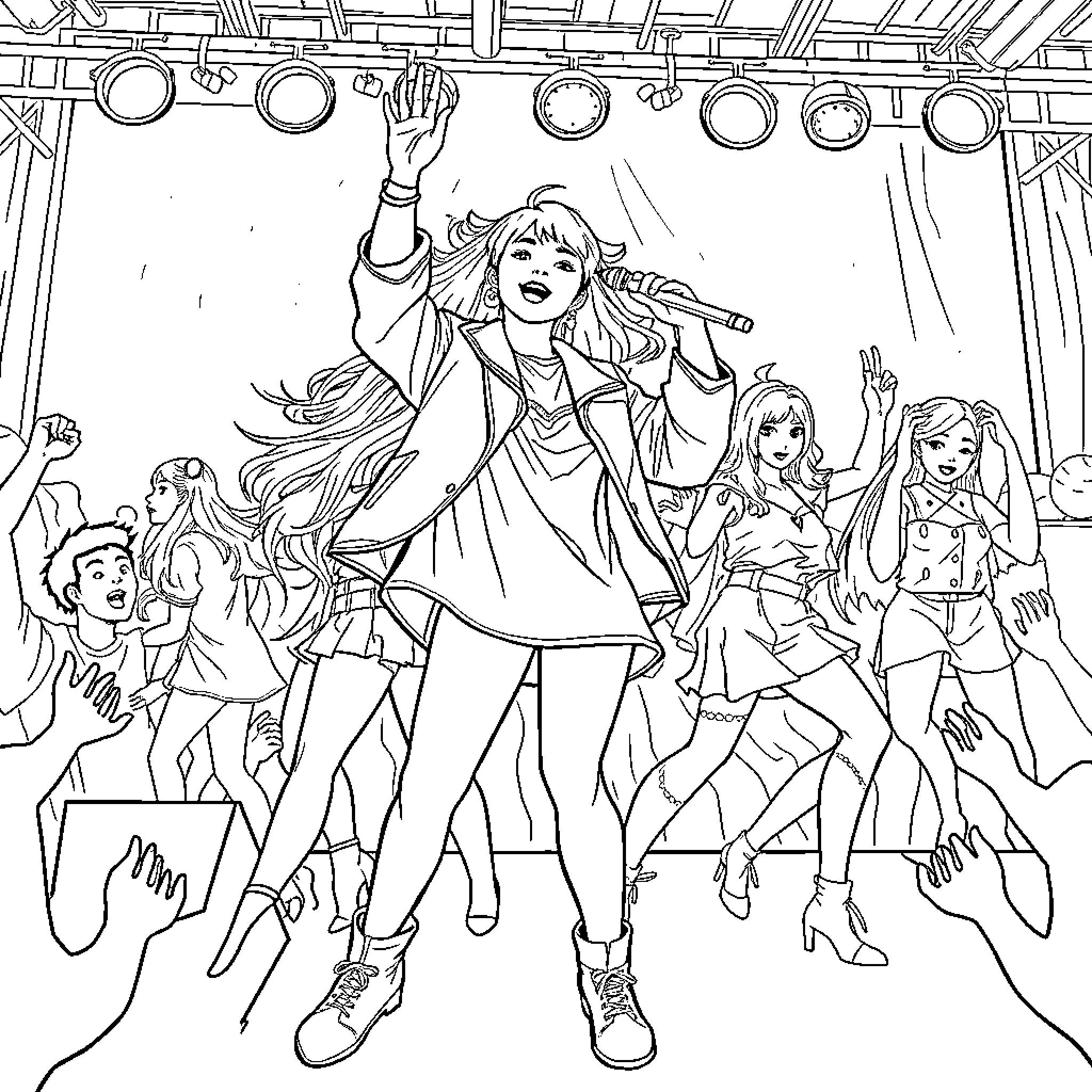 Rumi's Lively Performance on Stage with Her Band Coloring Page (free black-and-white line drawing printable PDF for all, from beginners to advanced learners, including children, teens, adults, and seniors)