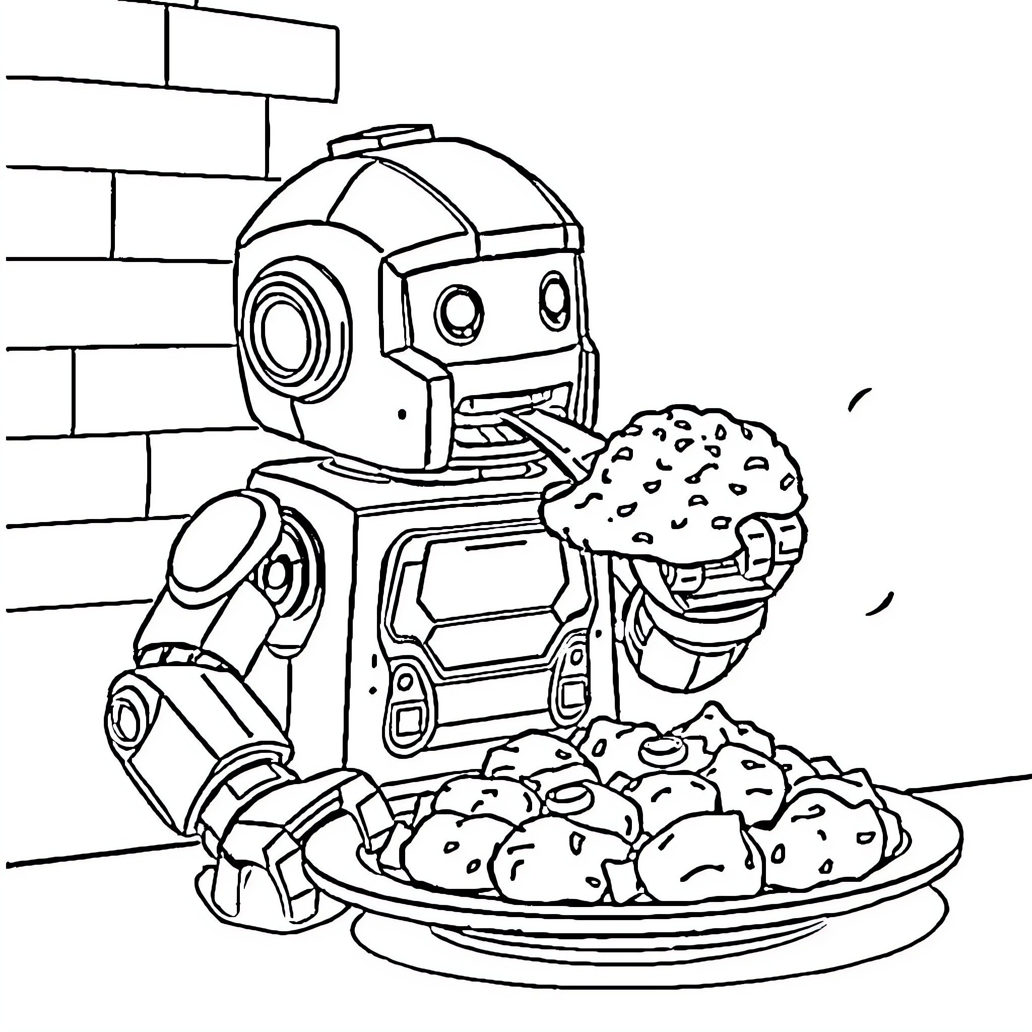 Lego Robot Serving Cookies and Burgers Coloring Page (free black-and-white line drawing printable PDF for all, from beginners to advanced learners, including children, teens, adults, and seniors)