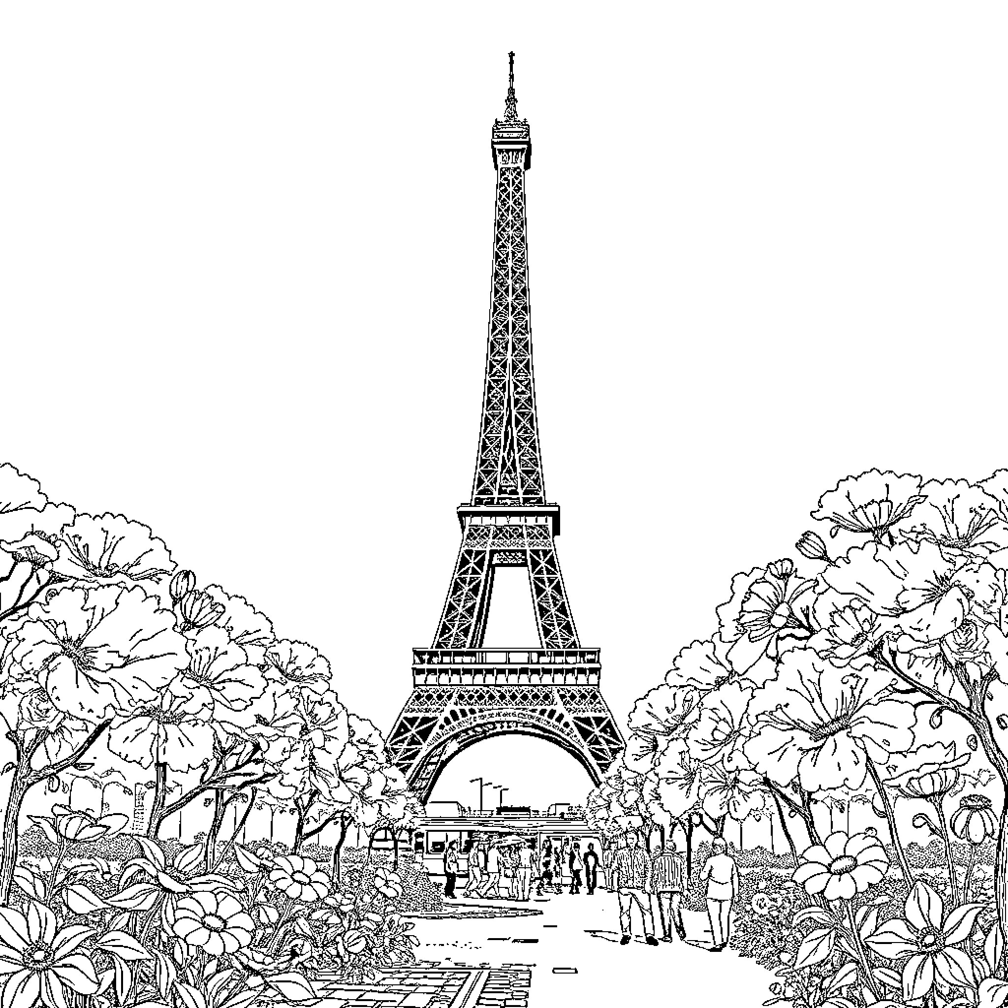 Eiffel Tower surrounded by blooming flowers and people Coloring Page (free black-and-white line drawing printable PDF for all, from beginners to advanced learners, including children, teens, adults, and seniors)