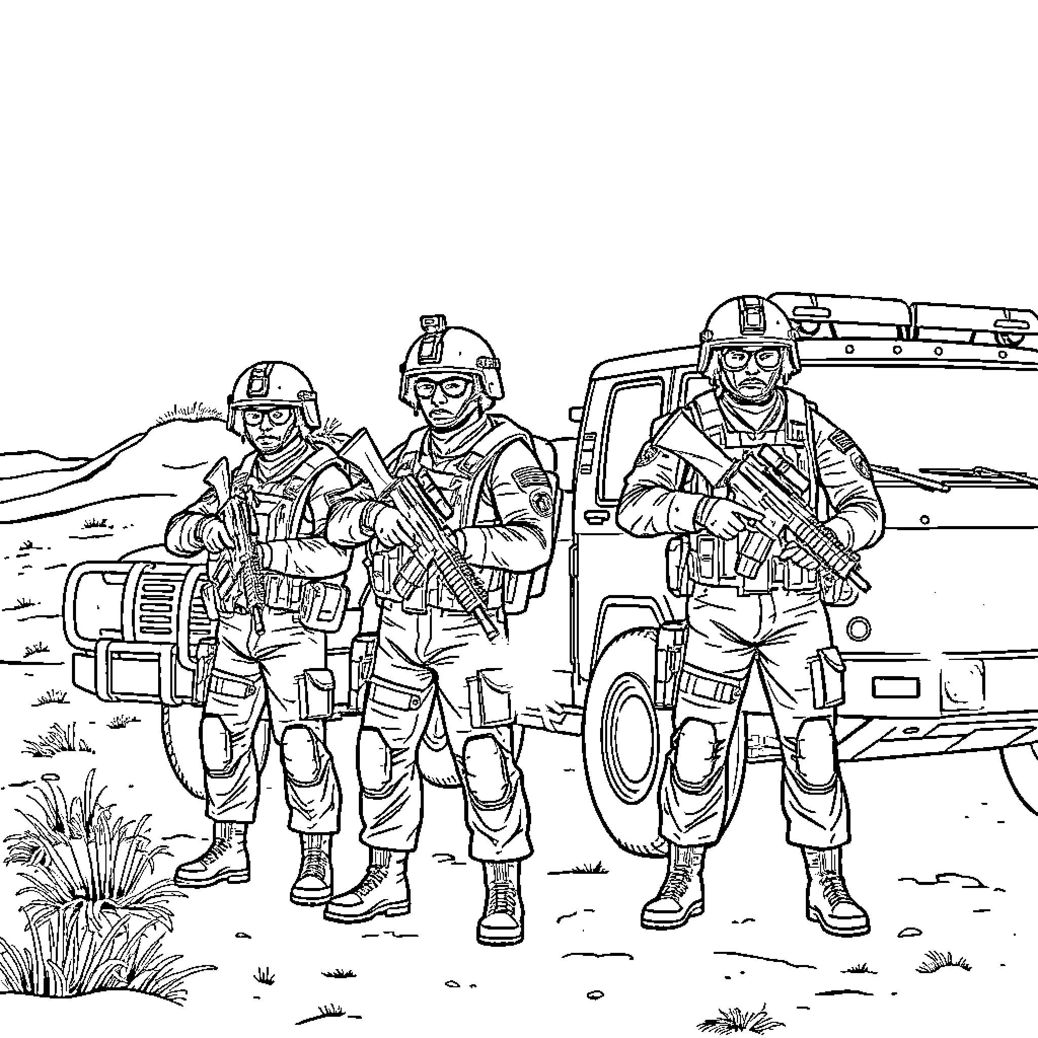 Soldier squad in combat gear preparing for mission Coloring Page (free black-and-white line drawing printable PDF for all, from beginners to advanced learners, including children, teens, adults, and seniors)