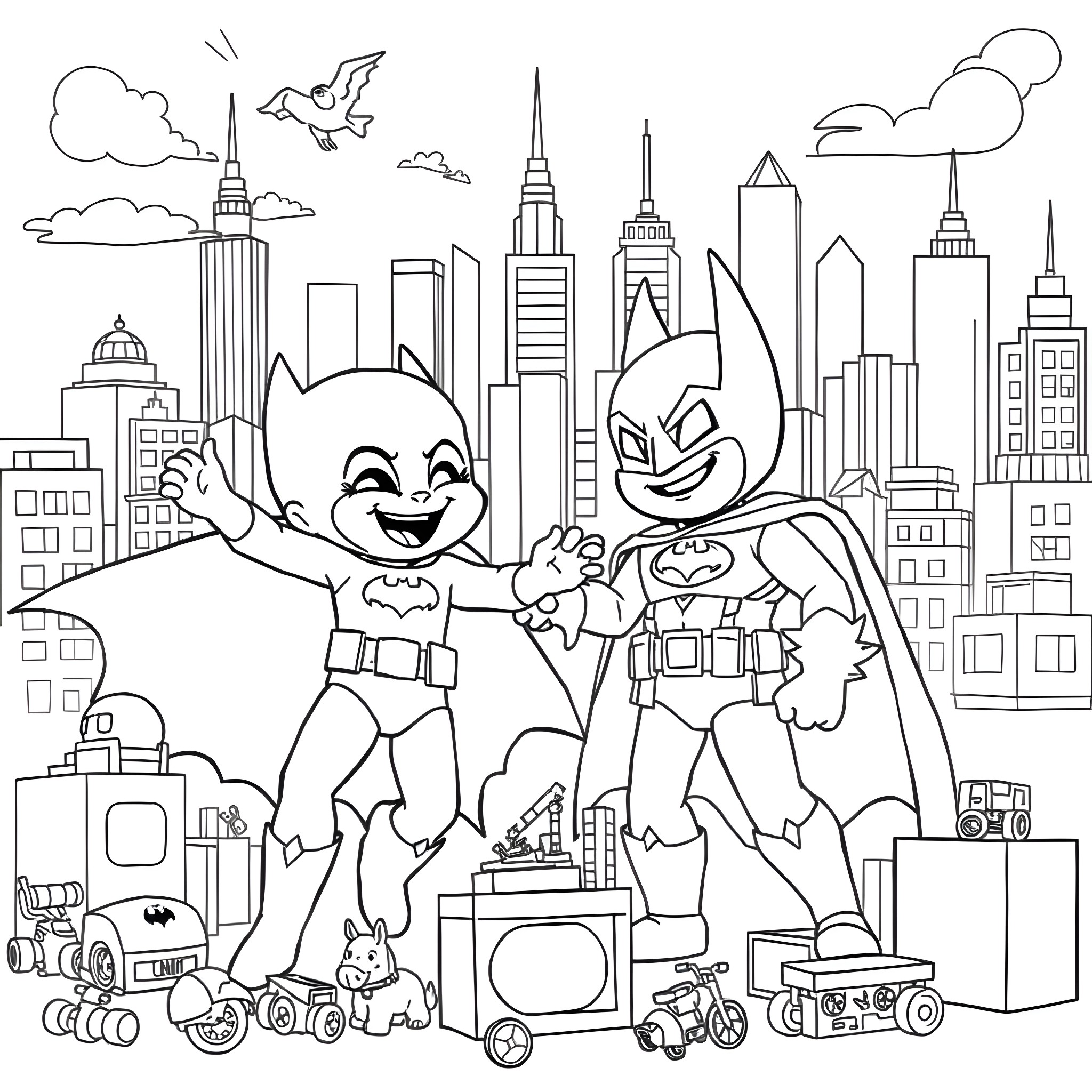 Bluey and Batman Adventuring in the City Coloring Page (free black-and-white line drawing printable PDF for all, from beginners to advanced learners, including children, teens, adults, and seniors)