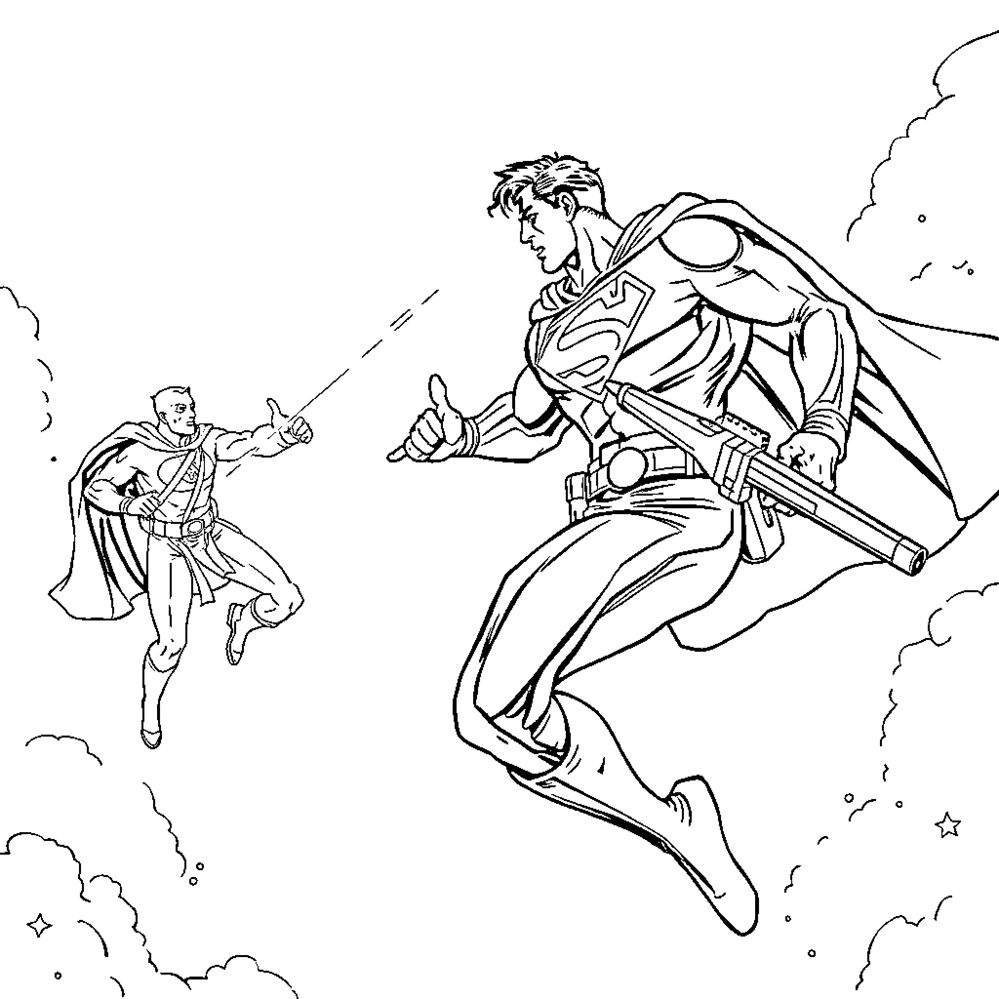 Superman heroically saving the day in the sky Coloring Page (free black-and-white line drawing printable PDF for all, from beginners to advanced learners, including children, teens, adults, and seniors)