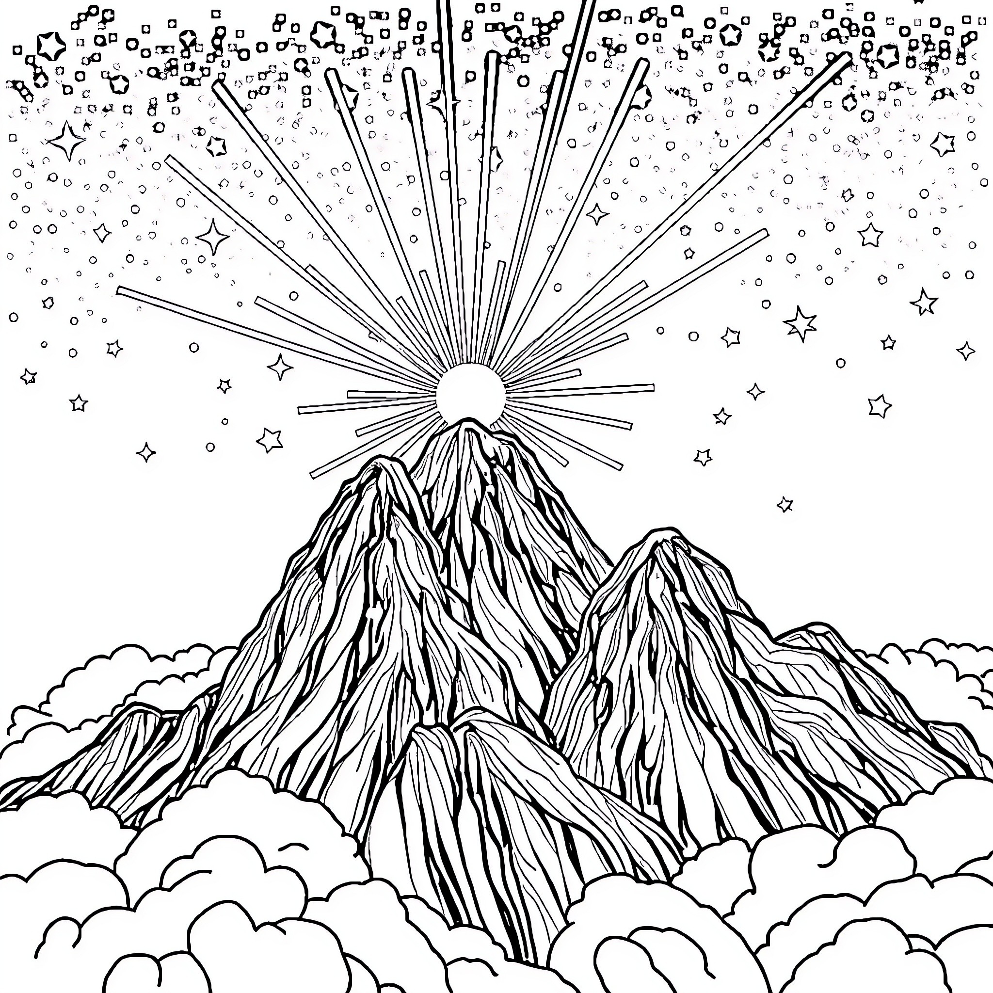 Sunset over Majestic Mountain Peaks Coloring Page (free black-and-white line drawing printable PDF for all, from beginners to advanced learners, including children, teens, adults, and seniors)