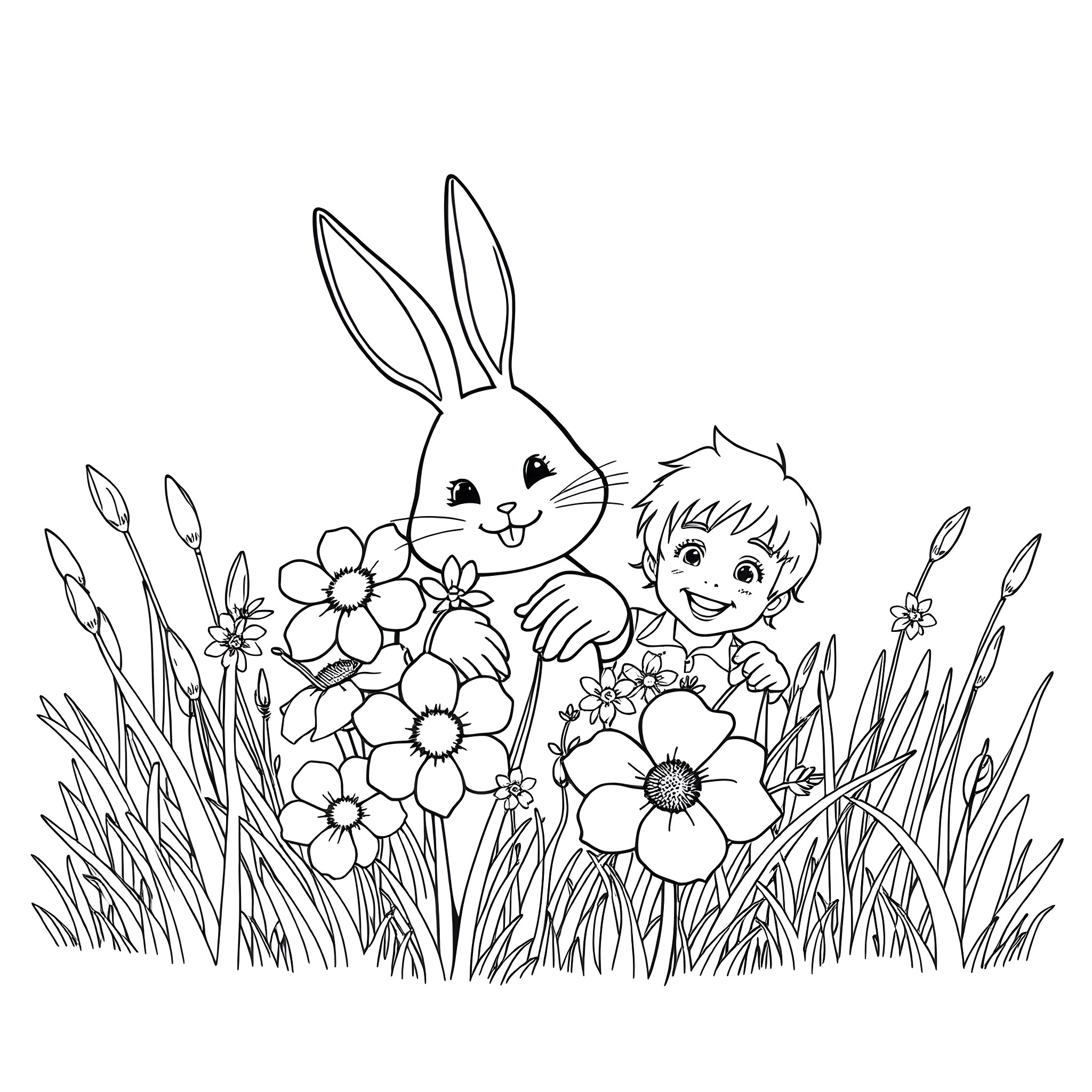 Easter Bunny and boy playing in the flower garden Coloring Page (free black-and-white line drawing printable PDF for all, from beginners to advanced learners, including children, teens, adults, and seniors)