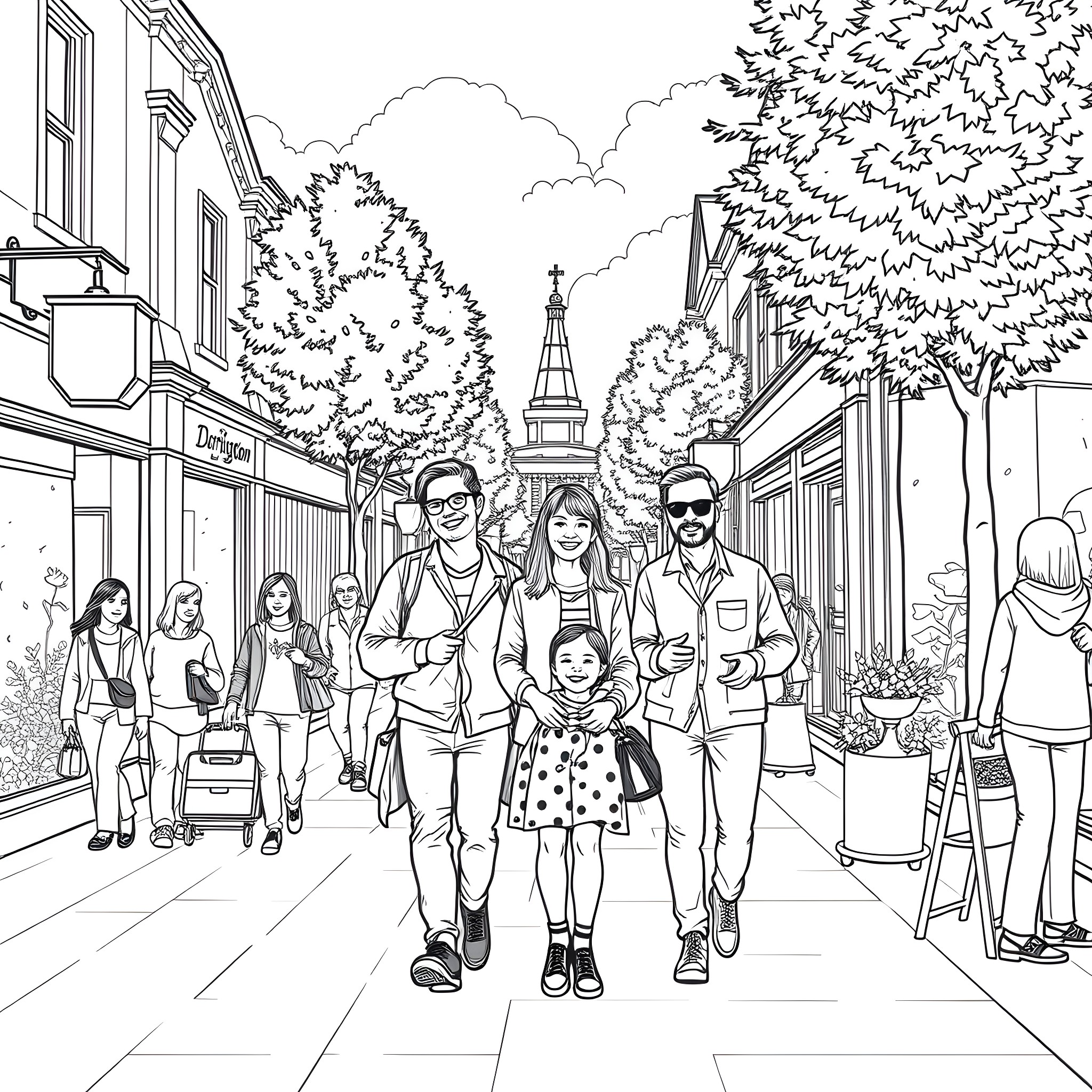 Family Guy Enjoying a Stroll in the Lively Town Coloring Page (free black-and-white line drawing printable PDF for all, from beginners to advanced learners, including children, teens, adults, and seniors)