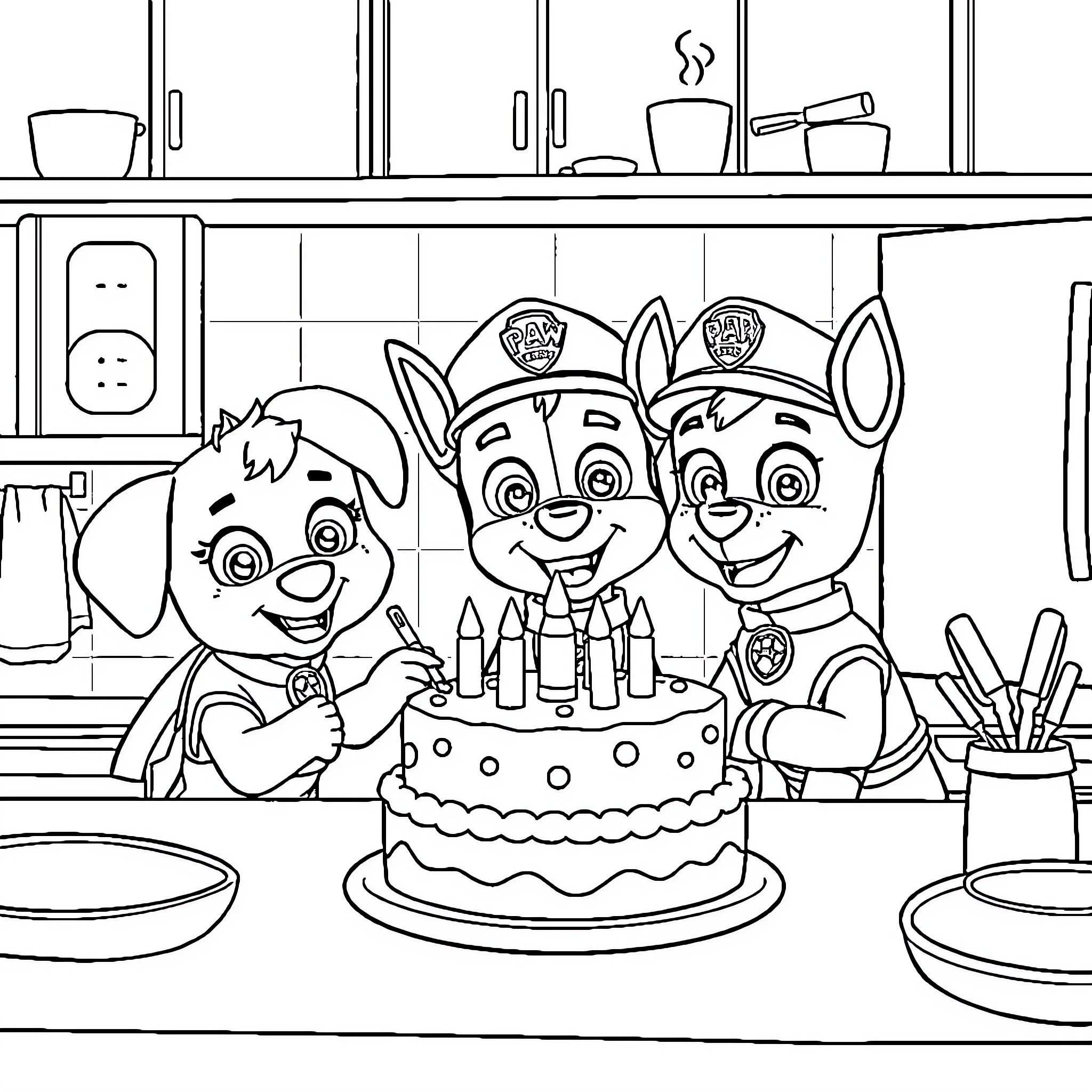 Paw Patrol Celebrating with Birthday Cake Coloring Page (free black-and-white line drawing printable PDF for all, from beginners to advanced learners, including children, teens, adults, and seniors)