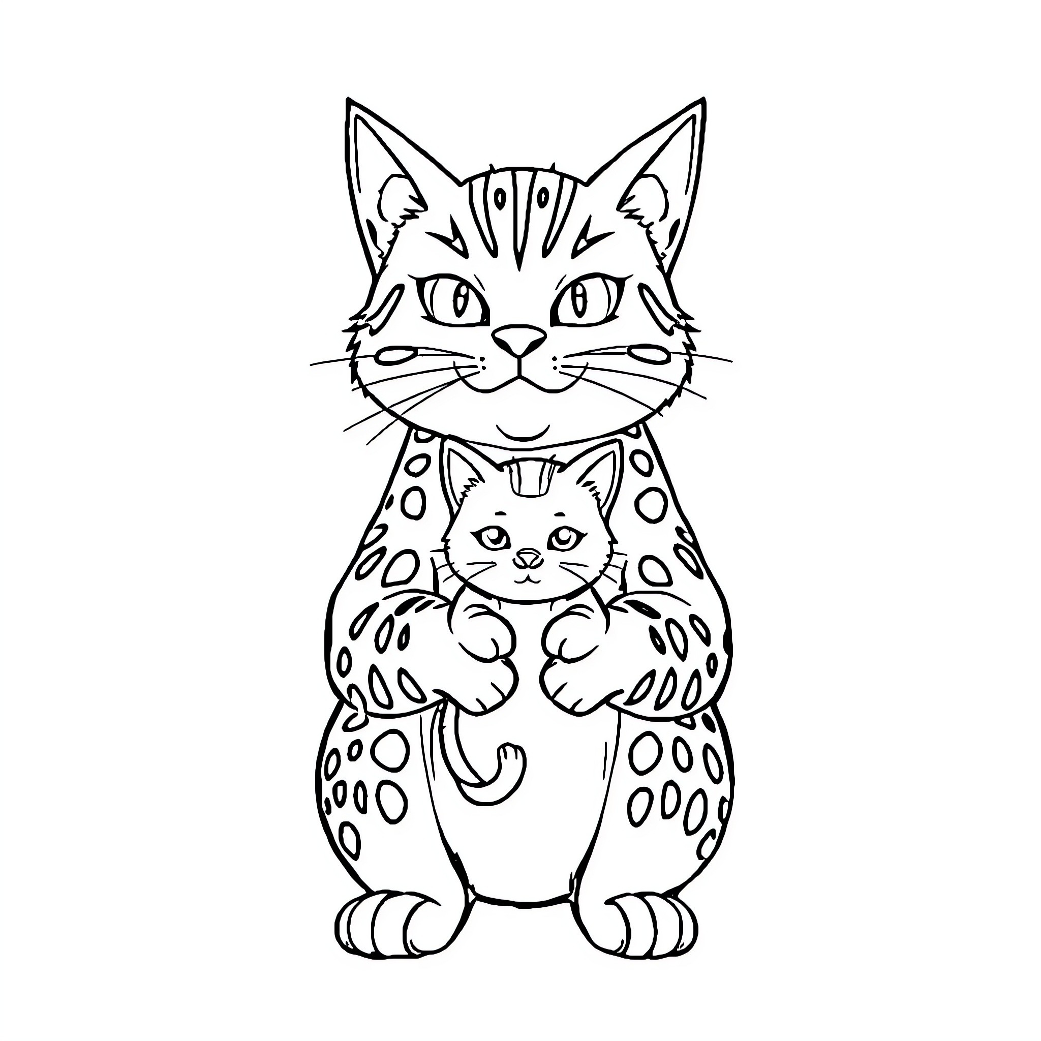Gojo's Whimsical Cat with Patterned Companion Coloring Page (free black-and-white line drawing printable PDF for all, from beginners to advanced learners, including children, teens, adults, and seniors)