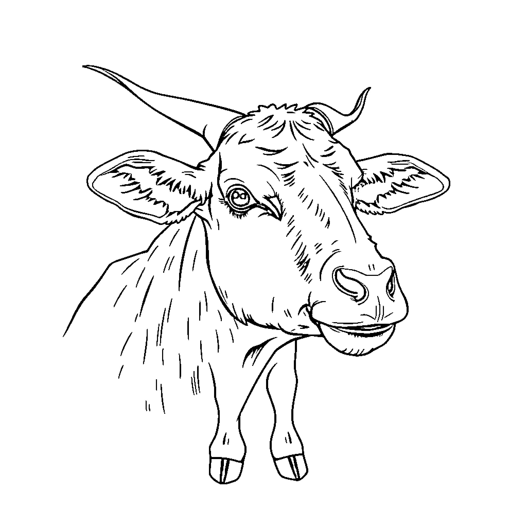 Vaca with expressive face and features Coloring Page (free black-and-white line drawing printable PDF for all, from beginners to advanced learners, including children, teens, adults, and seniors)