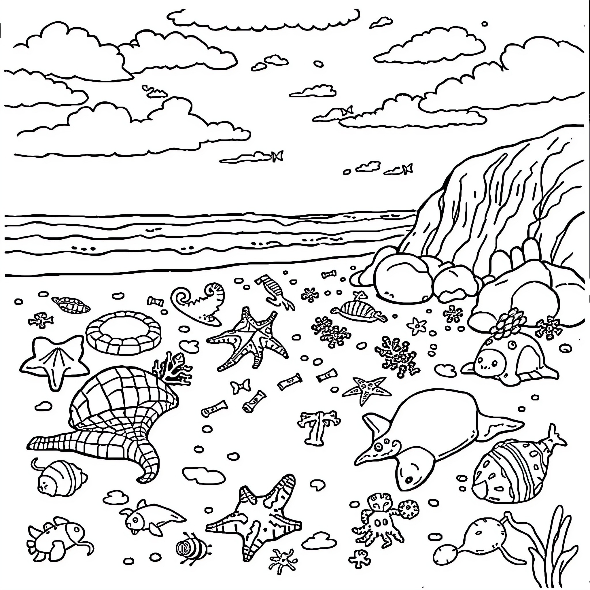 Sea Creature Underwater Adventure Coloring Page (free black-and-white line drawing printable PDF for all, from beginners to advanced learners, including children, teens, adults, and seniors)