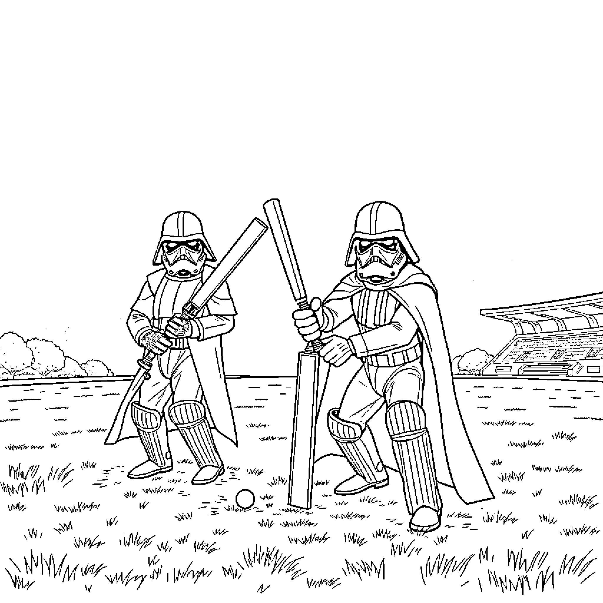 Star Wars Characters Engaged in Lightsaber Battle Coloring Page (free black-and-white line drawing printable PDF for all, from beginners to advanced learners, including children, teens, adults, and seniors)