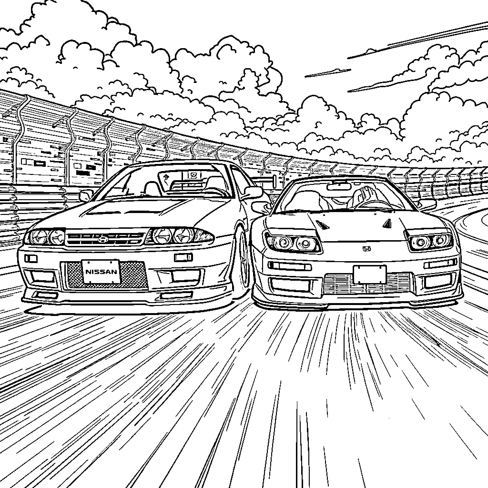 Car Street Racing on City Roads Coloring Page (free black-and-white line drawing printable PDF for all, from beginners to advanced learners, including children, teens, adults, and seniors)