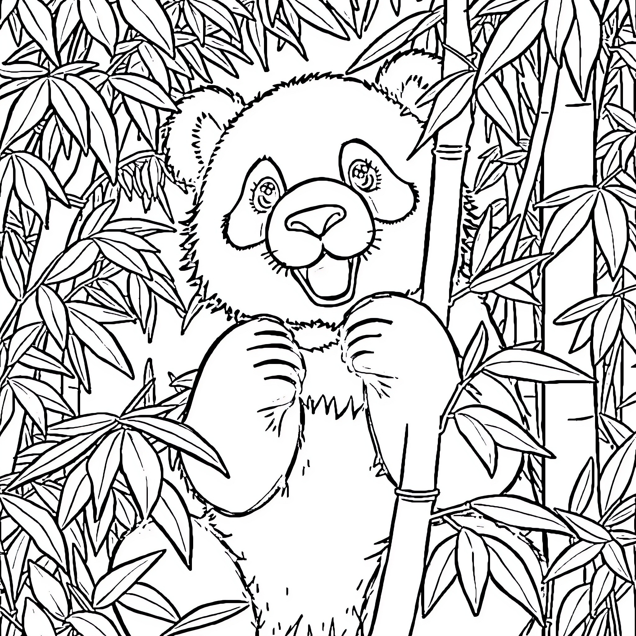Panda Exploring the Bamboo Forest Coloring Page (free black-and-white line drawing printable PDF for all, from beginners to advanced learners, including children, teens, adults, and seniors)