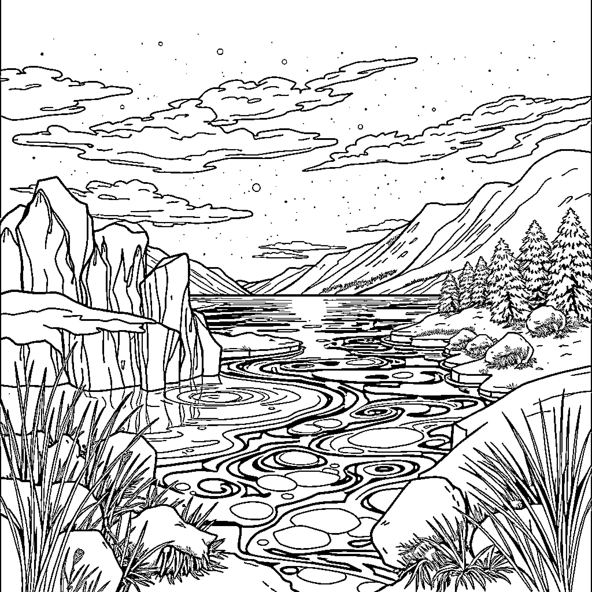 Water landscape with snowy mountains and forest Coloring Page (free black-and-white line drawing printable PDF for all, from beginners to advanced learners, including children, teens, adults, and seniors)