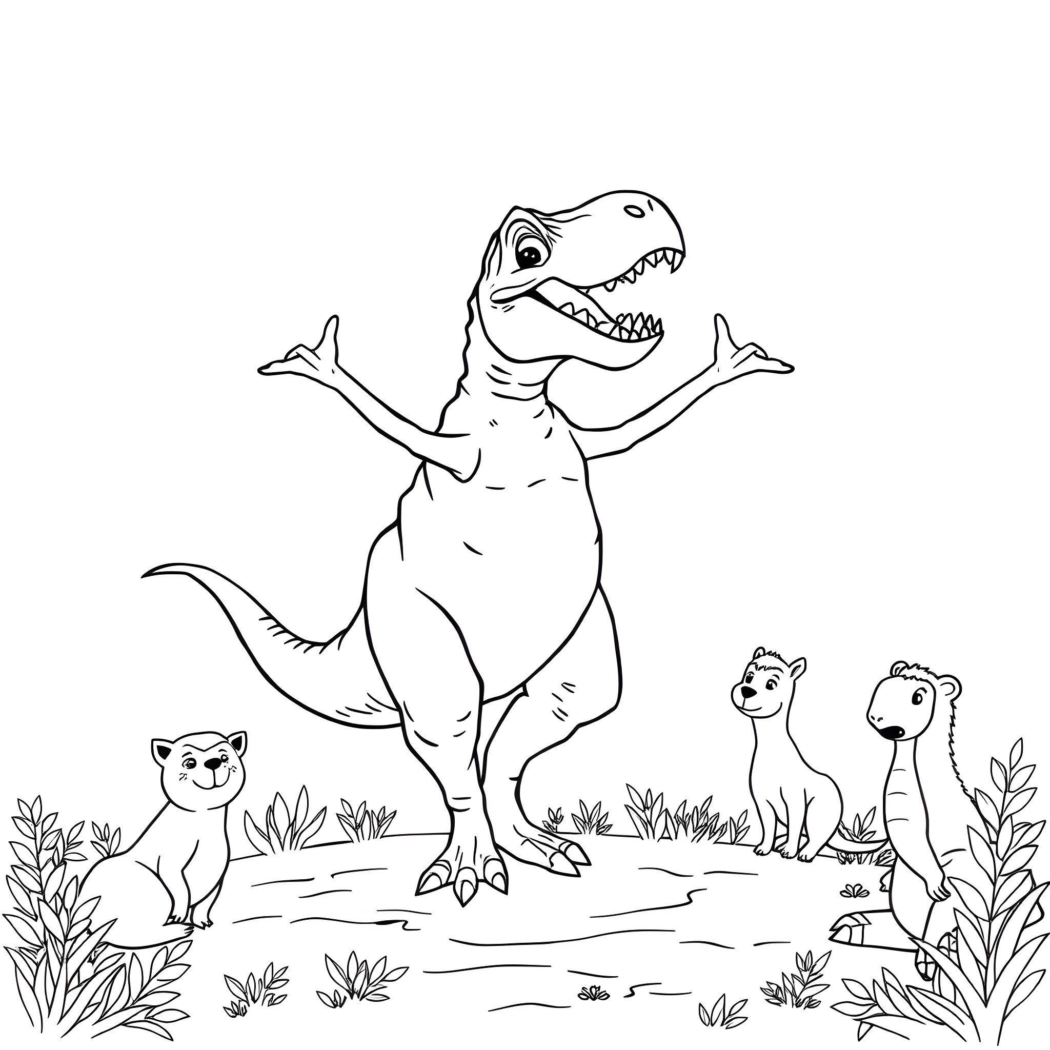 T-Rex Roaring Amidst Dinosaur Companions Coloring Page (free black-and-white line drawing printable PDF for all, from beginners to advanced learners, including children, teens, adults, and seniors)