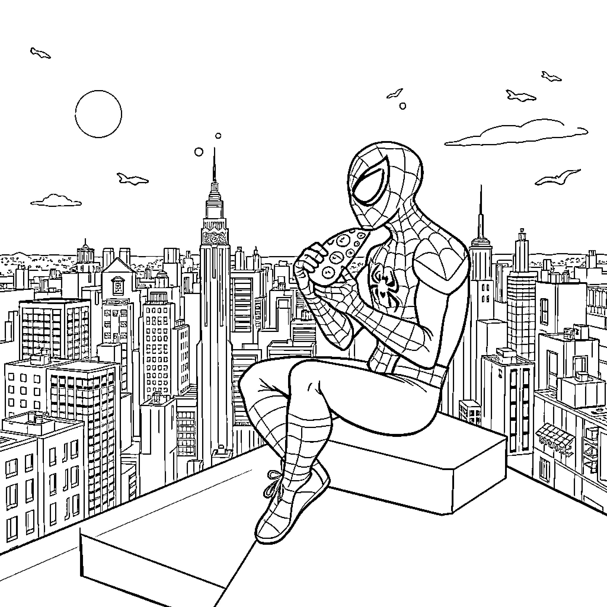 Spiderman perched atop a skyscraper overlooking the city Coloring Page (free black-and-white line drawing printable PDF for all, from beginners to advanced learners, including children, teens, adults, and seniors)