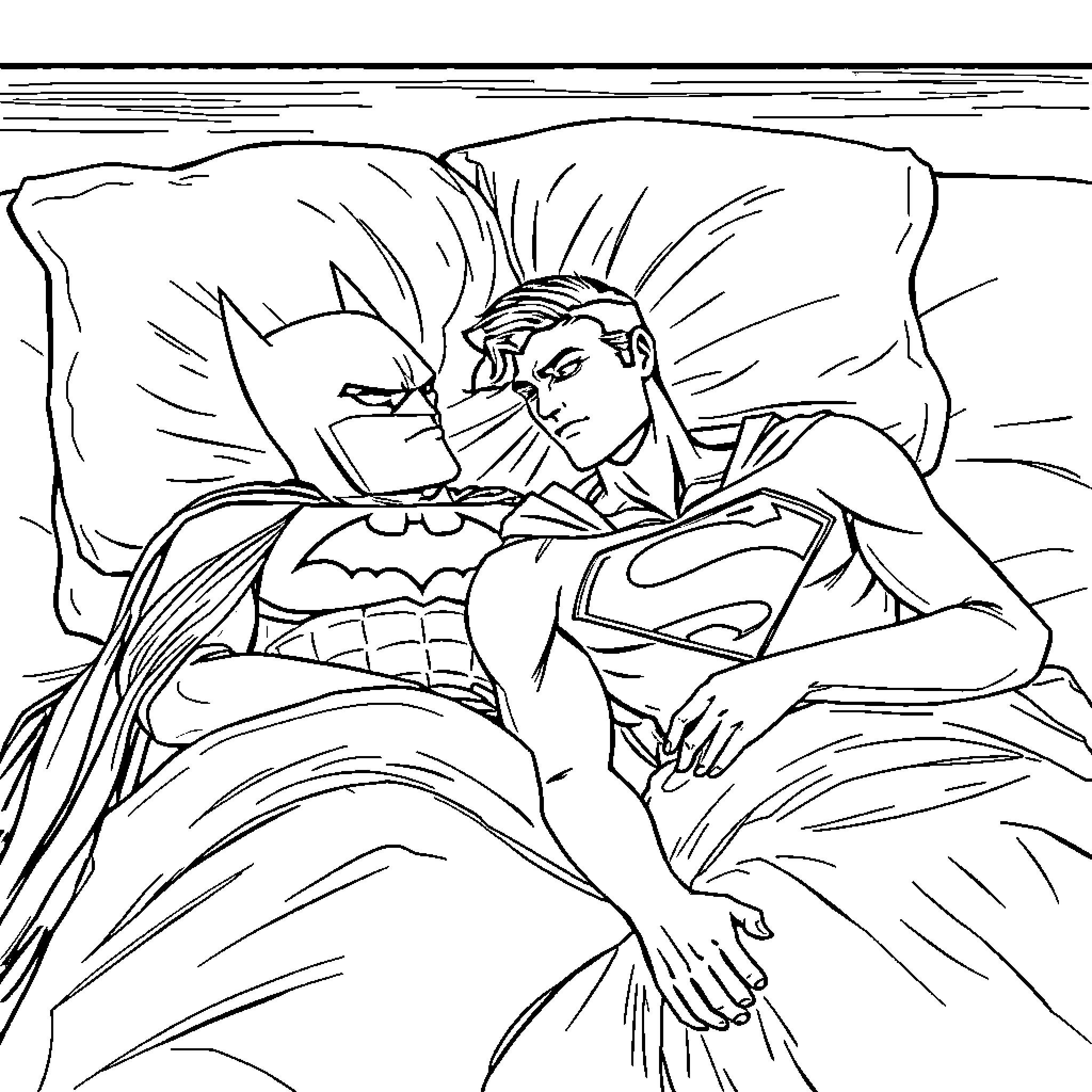Batman and Superman intense confrontation Coloring Page (free black-and-white line drawing printable PDF for all, from beginners to advanced learners, including children, teens, adults, and seniors)