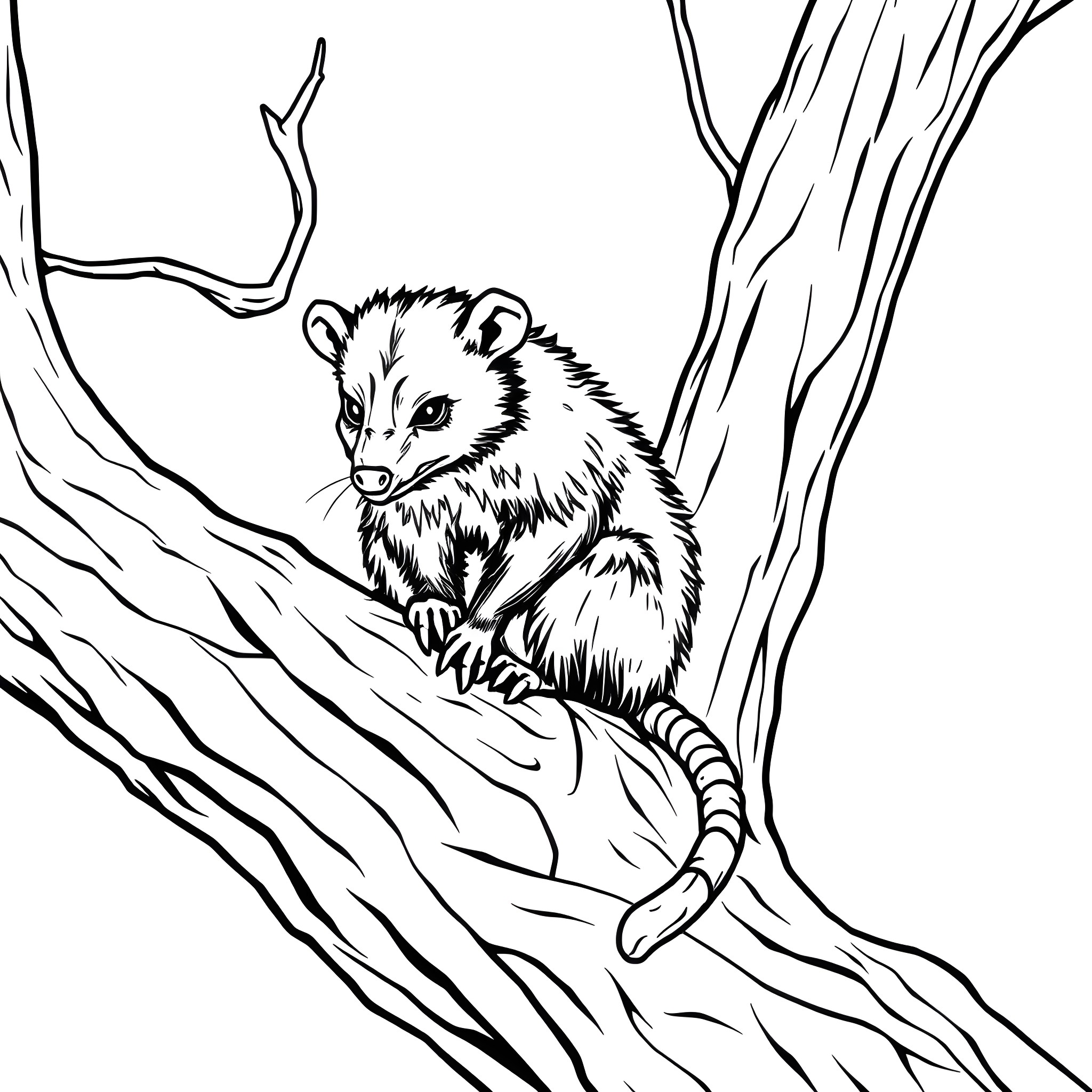 Possum perched on a tree branch Coloring Page (free black-and-white line drawing printable PDF for all, from beginners to advanced learners, including children, teens, adults, and seniors)