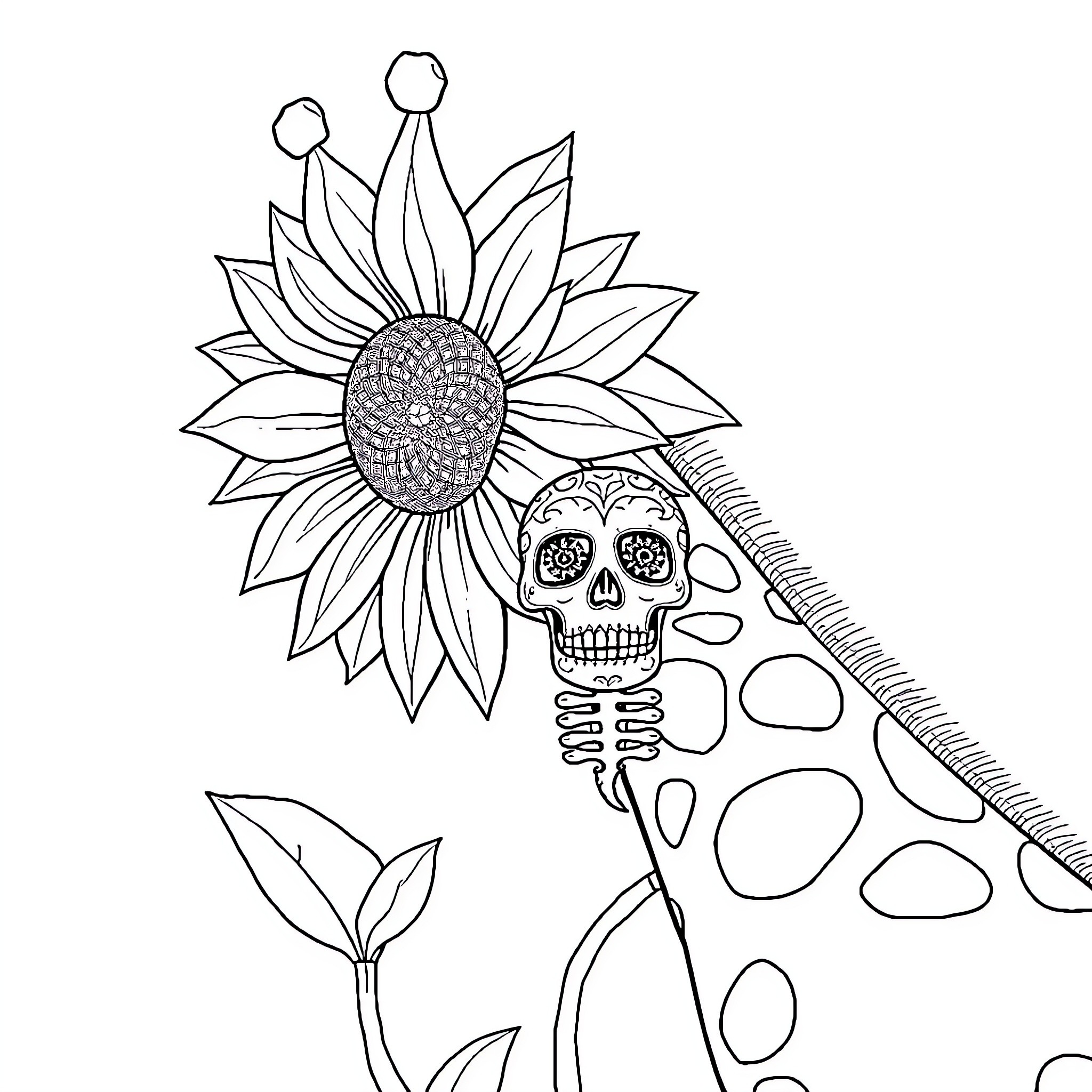 Sunflower and Skeleton in Whimsical Illustration Coloring Page (free black-and-white line drawing printable PDF for all, from beginners to advanced learners, including children, teens, adults, and seniors)