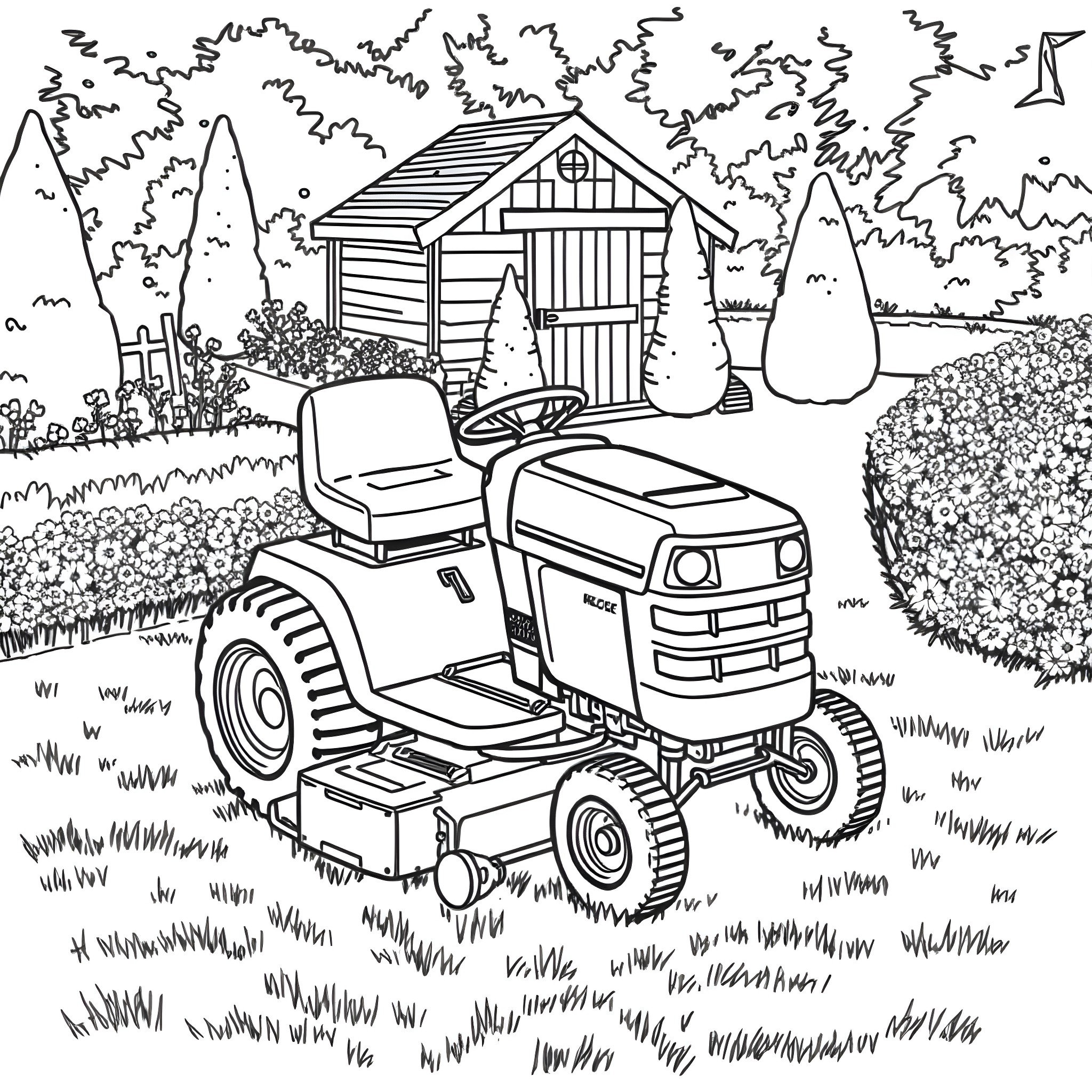 Riding Mower in a Lush Outdoor Scene Coloring Page (free black-and-white line drawing printable PDF for all, from beginners to advanced learners, including children, teens, adults, and seniors)