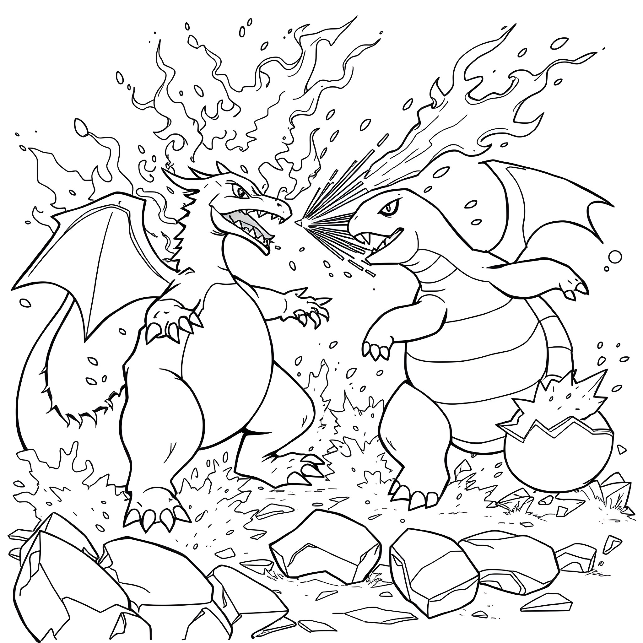 Charizard battling another fierce dragon in a rocky landscape Coloring Page (free black-and-white line drawing printable PDF for all, from beginners to advanced learners, including children, teens, adults, and seniors)