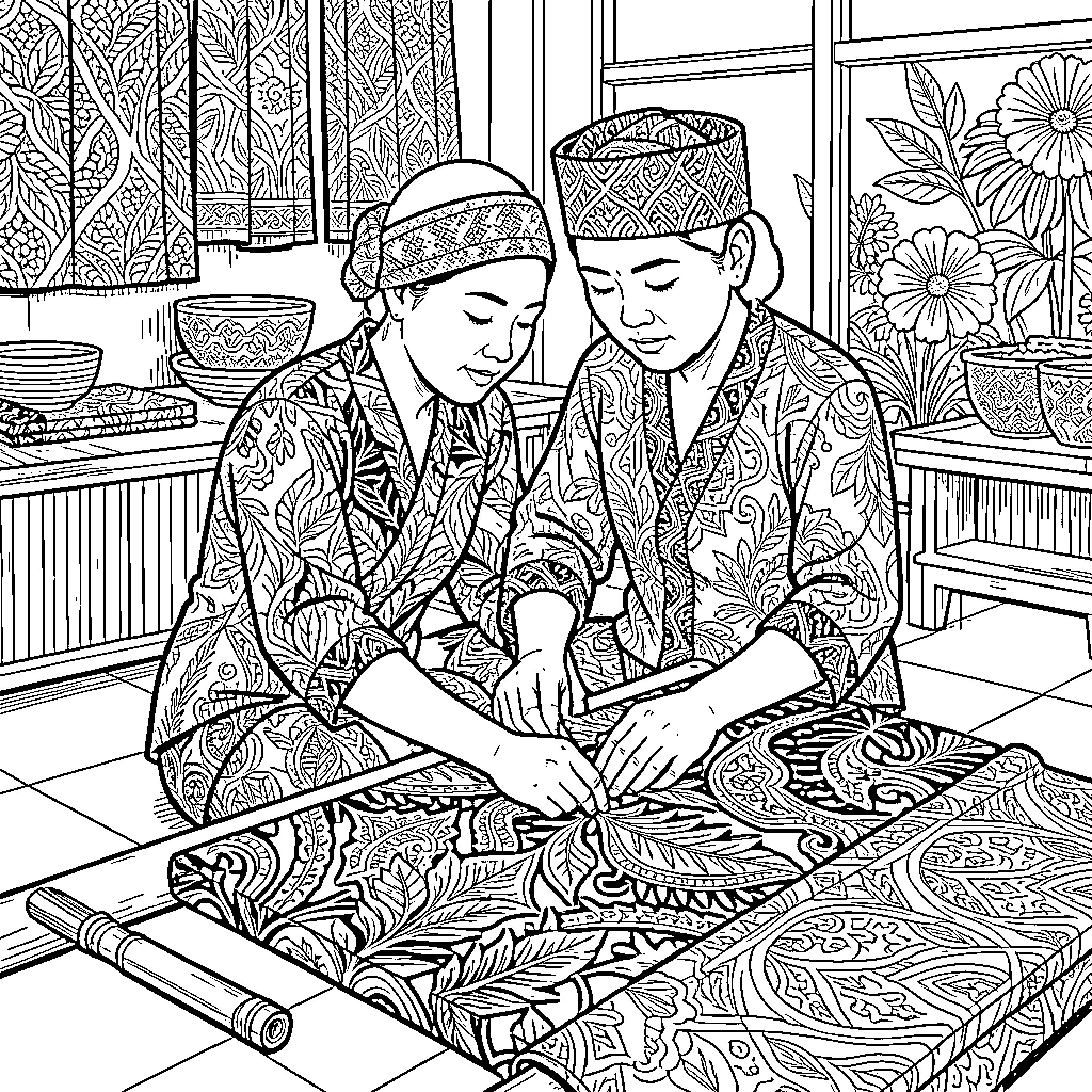 Batik artisans working together on intricate fabric patterns Coloring Page (free black-and-white line drawing printable PDF for all, from beginners to advanced learners, including children, teens, adults, and seniors)