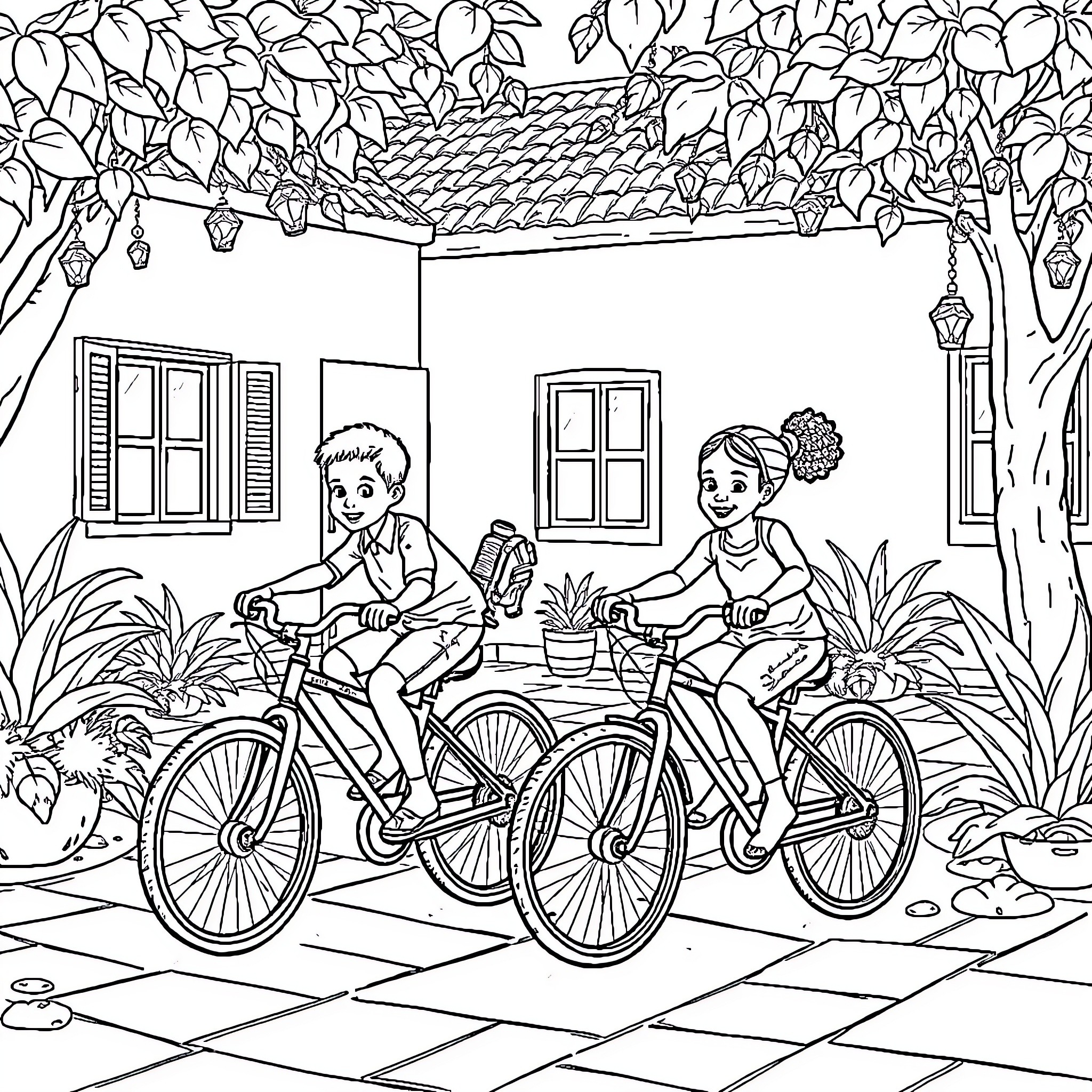 Bicycle Ride in the Garden Coloring Page (free black-and-white line drawing printable PDF for all, from beginners to advanced learners, including children, teens, adults, and seniors)