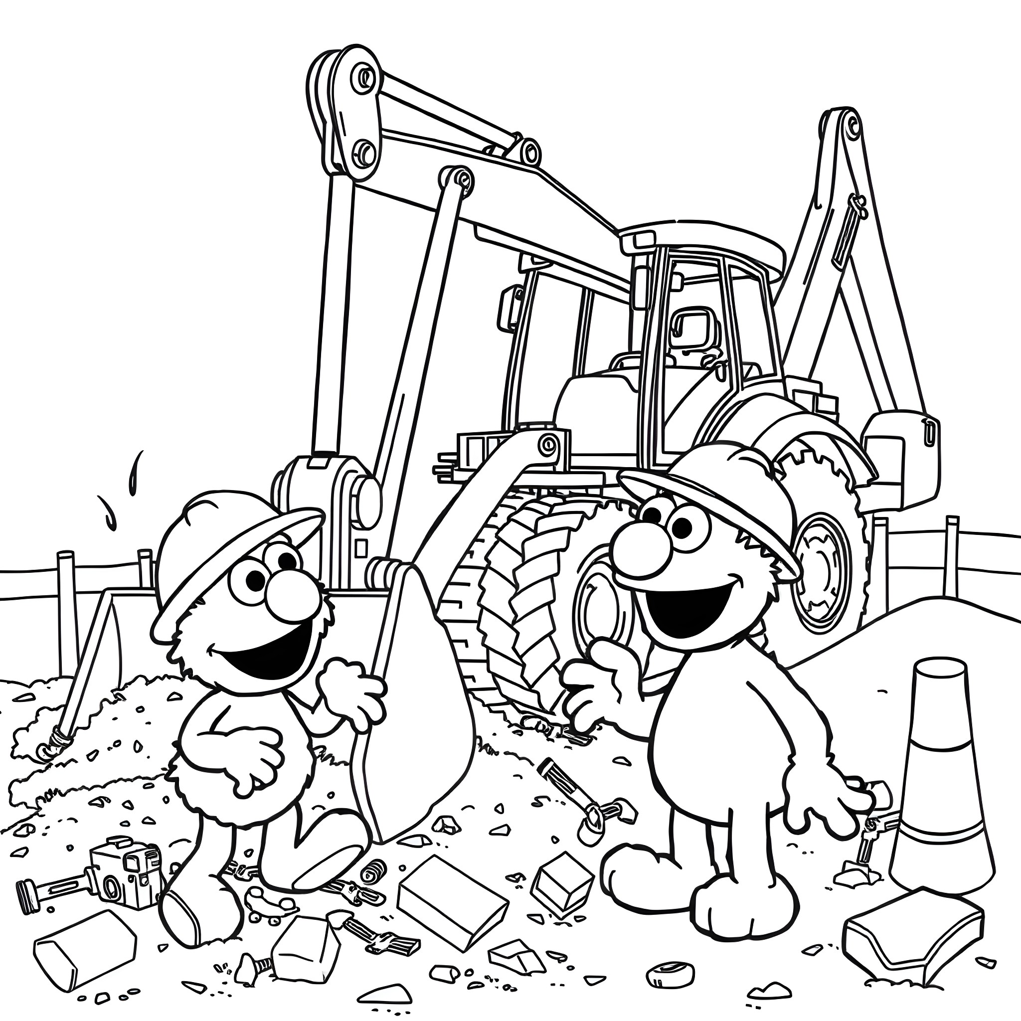 Backhoe operator assisting comical characters in a construction site Coloring Page (free black-and-white line drawing printable PDF for all, from beginners to advanced learners, including children, teens, adults, and seniors)