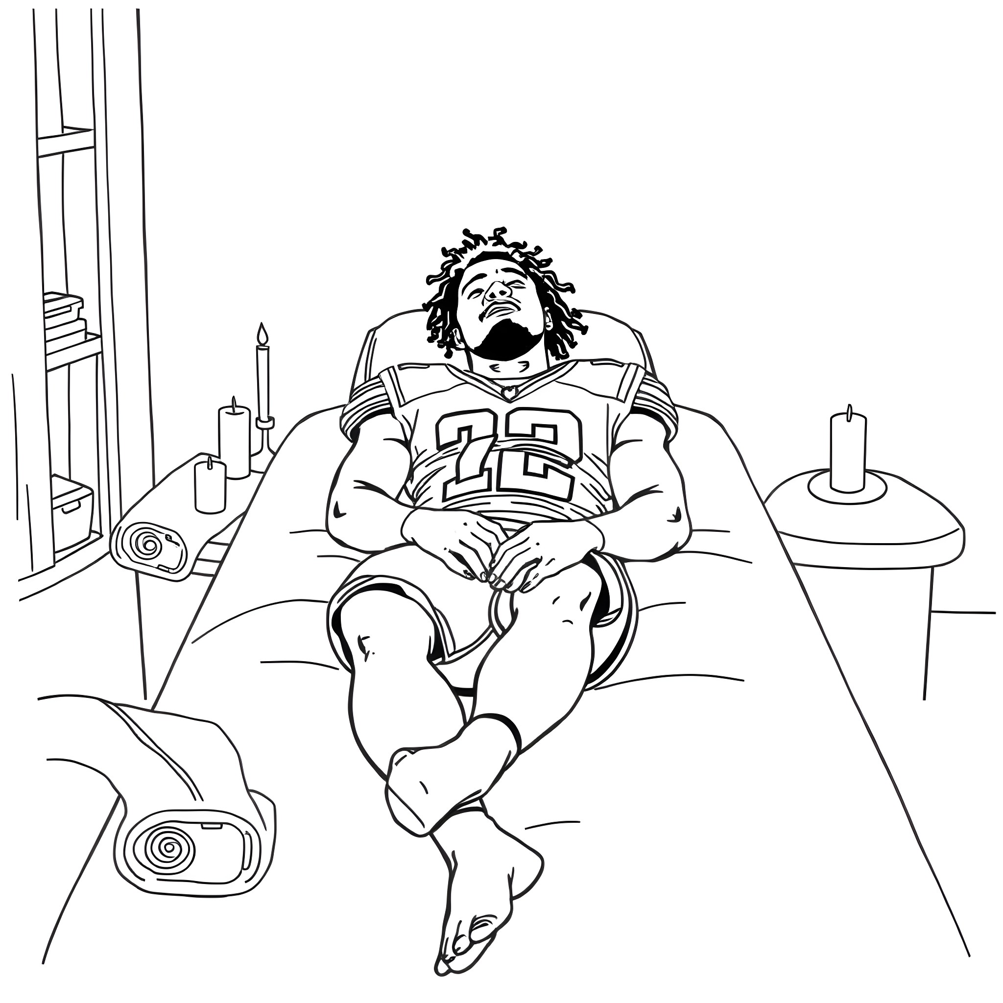 Deshaun Watson resting on the couch Coloring Page (free black-and-white line drawing printable PDF for all, from beginners to advanced learners, including children, teens, adults, and seniors)