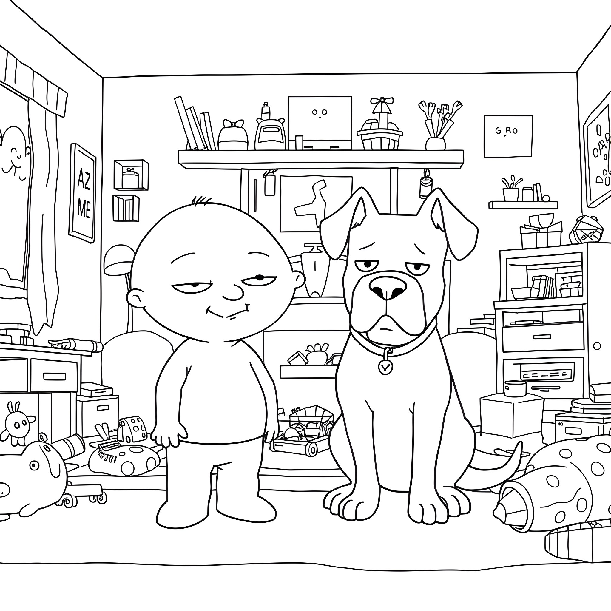 Stewie and his Pup Pal in a Cluttered Room Coloring Page (free black-and-white line drawing printable PDF for all, from beginners to advanced learners, including children, teens, adults, and seniors)