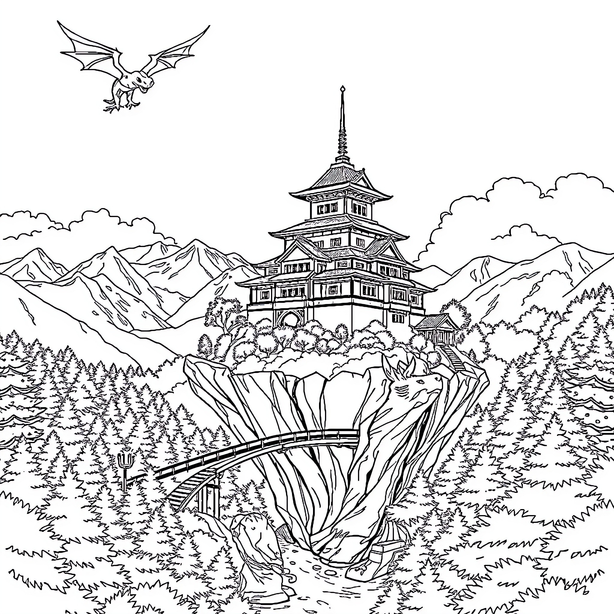 Dragon flying over mystical mountain temple landscape Coloring Page (free black-and-white line drawing printable PDF for all, from beginners to advanced learners, including children, teens, adults, and seniors)