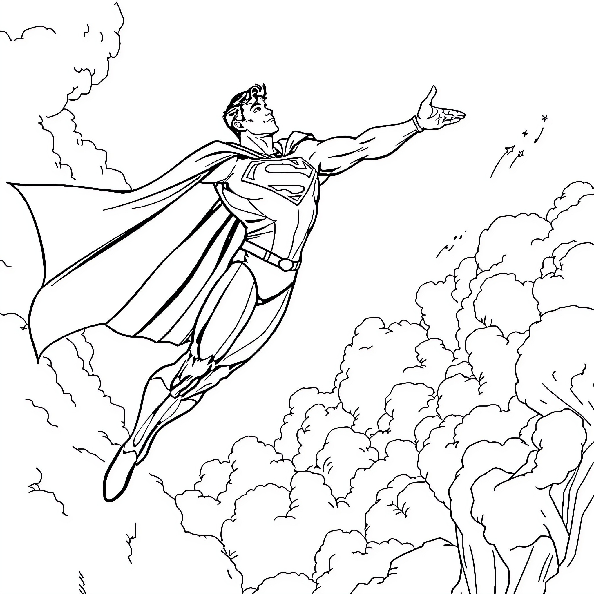 Superman soaring through the skies with determination Coloring Page (free black-and-white line drawing printable PDF for all, from beginners to advanced learners, including children, teens, adults, and seniors)