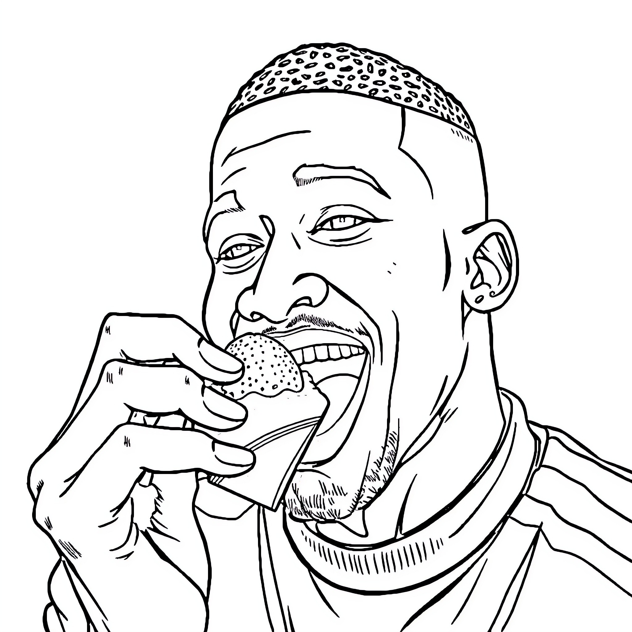 Mbappe Eating and Smiling Coloring Page (free black-and-white line drawing printable PDF for all, from beginners to advanced learners, including children, teens, adults, and seniors)