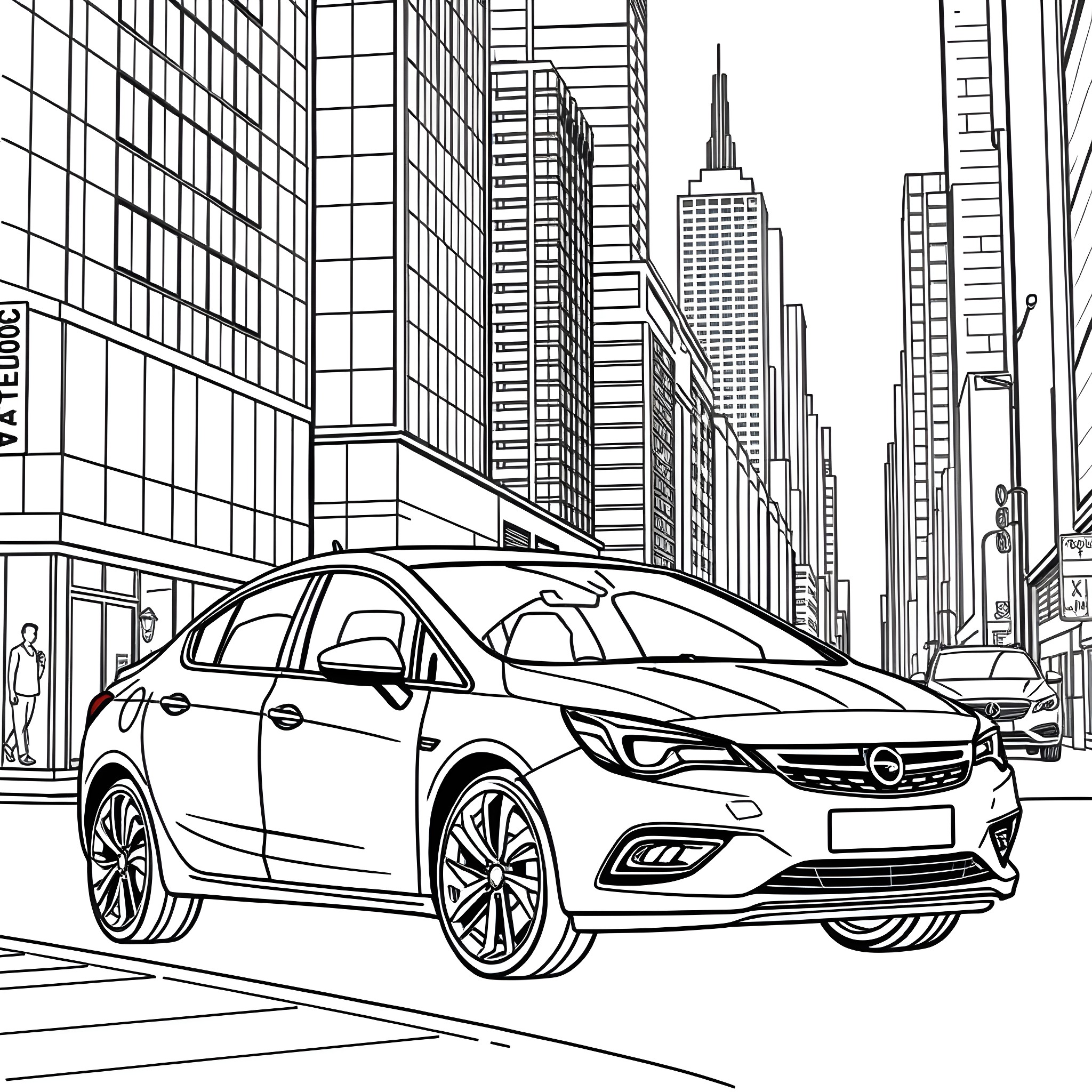 Opel Astra driving through a modern city skyline Coloring Page (free black-and-white line drawing printable PDF for all, from beginners to advanced learners, including children, teens, adults, and seniors)