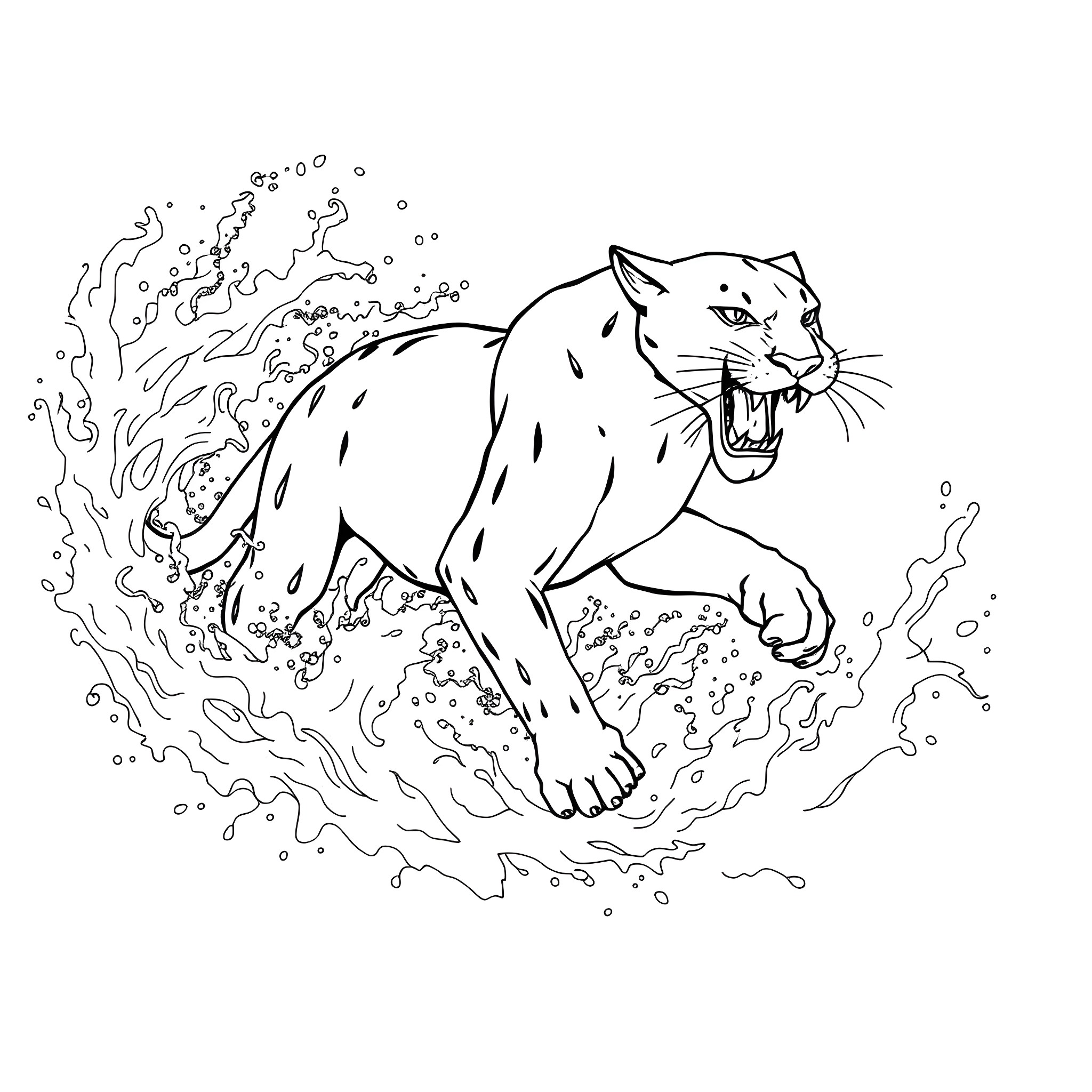 Mishipeshu - Mythical water panther emerging from waves Coloring Page (free black-and-white line drawing printable PDF for all, from beginners to advanced learners, including children, teens, adults, and seniors)