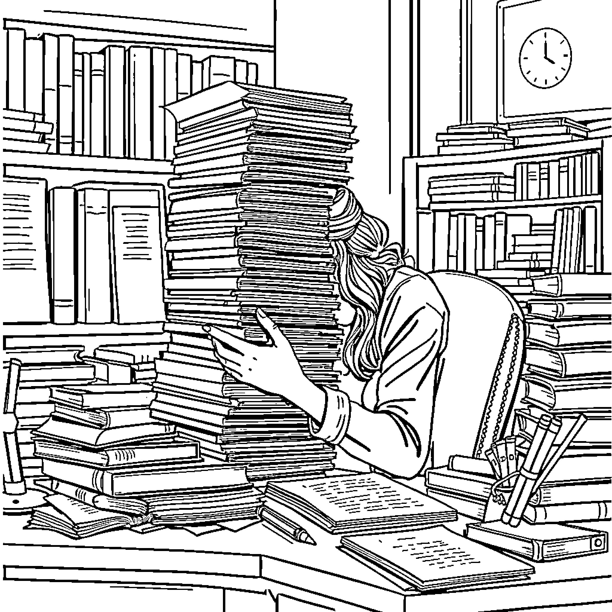 Woman studying intently in library surrounded by books Coloring Page (free black-and-white line drawing printable PDF for all, from beginners to advanced learners, including children, teens, adults, and seniors)