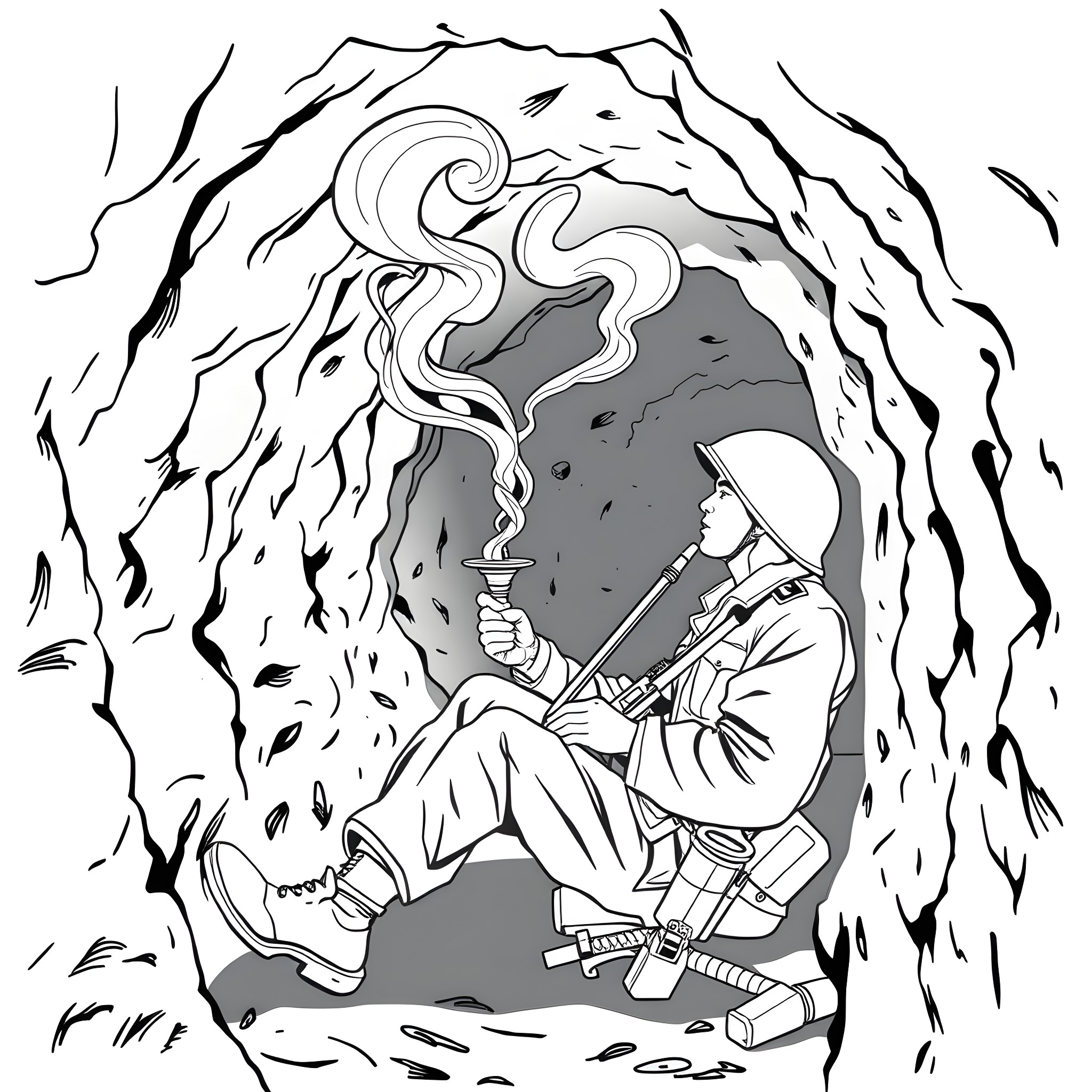 Viet Cong Guerrilla Smoking in Jungle Hideout Coloring Page (free black-and-white line drawing printable PDF for all, from beginners to advanced learners, including children, teens, adults, and seniors)