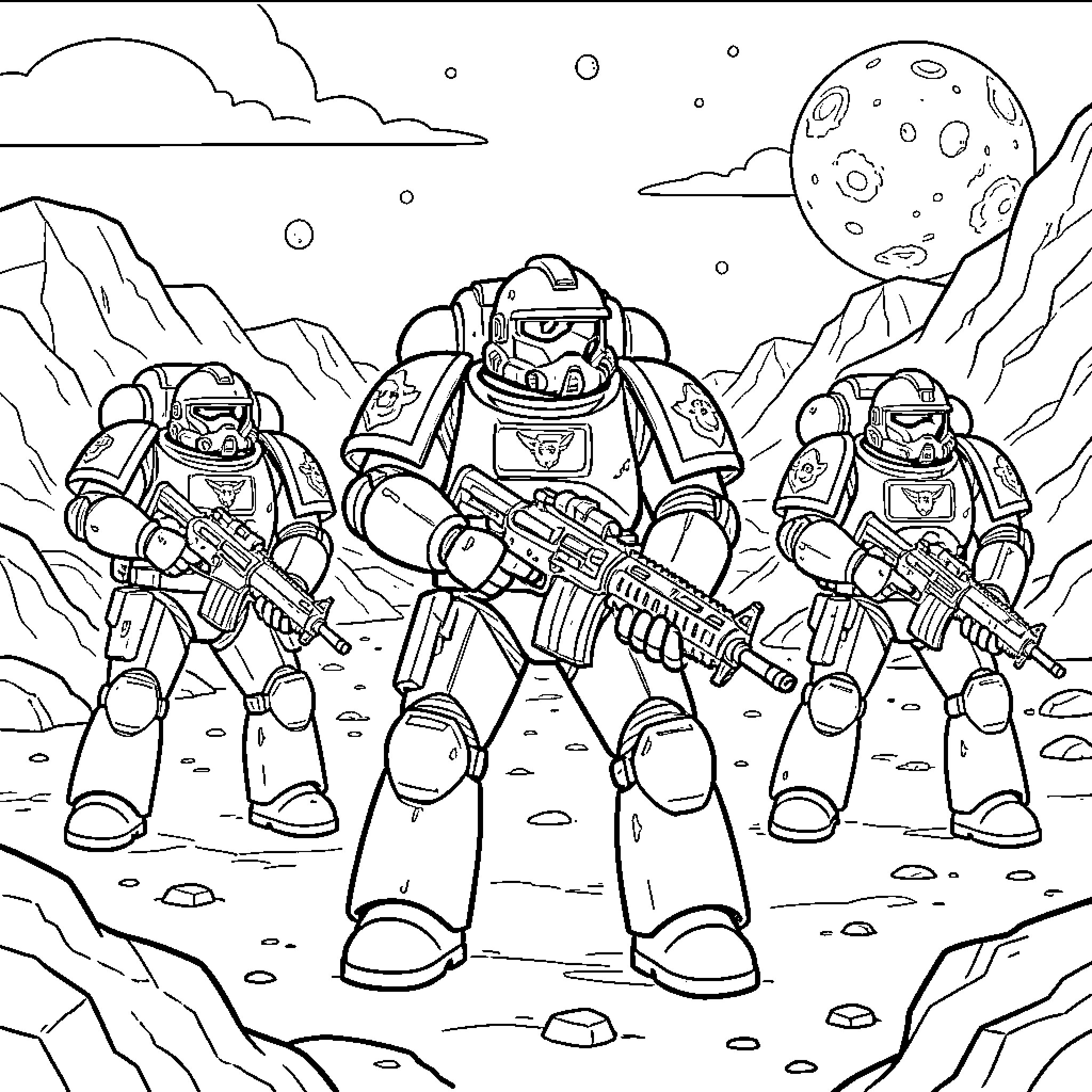 Space Marine warriors standing guard with heavy weaponry Coloring Page (free black-and-white line drawing printable PDF for all, from beginners to advanced learners, including children, teens, adults, and seniors)