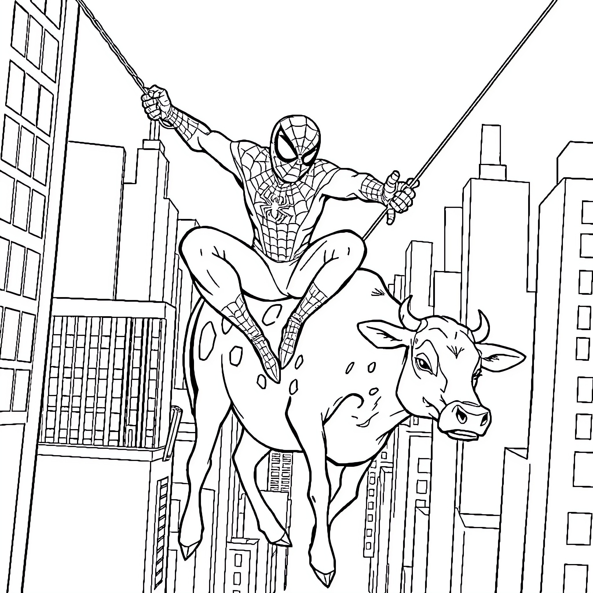 Spiderman swinging through the city with a cow Coloring Page (free black-and-white line drawing printable PDF for all, from beginners to advanced learners, including children, teens, adults, and seniors)