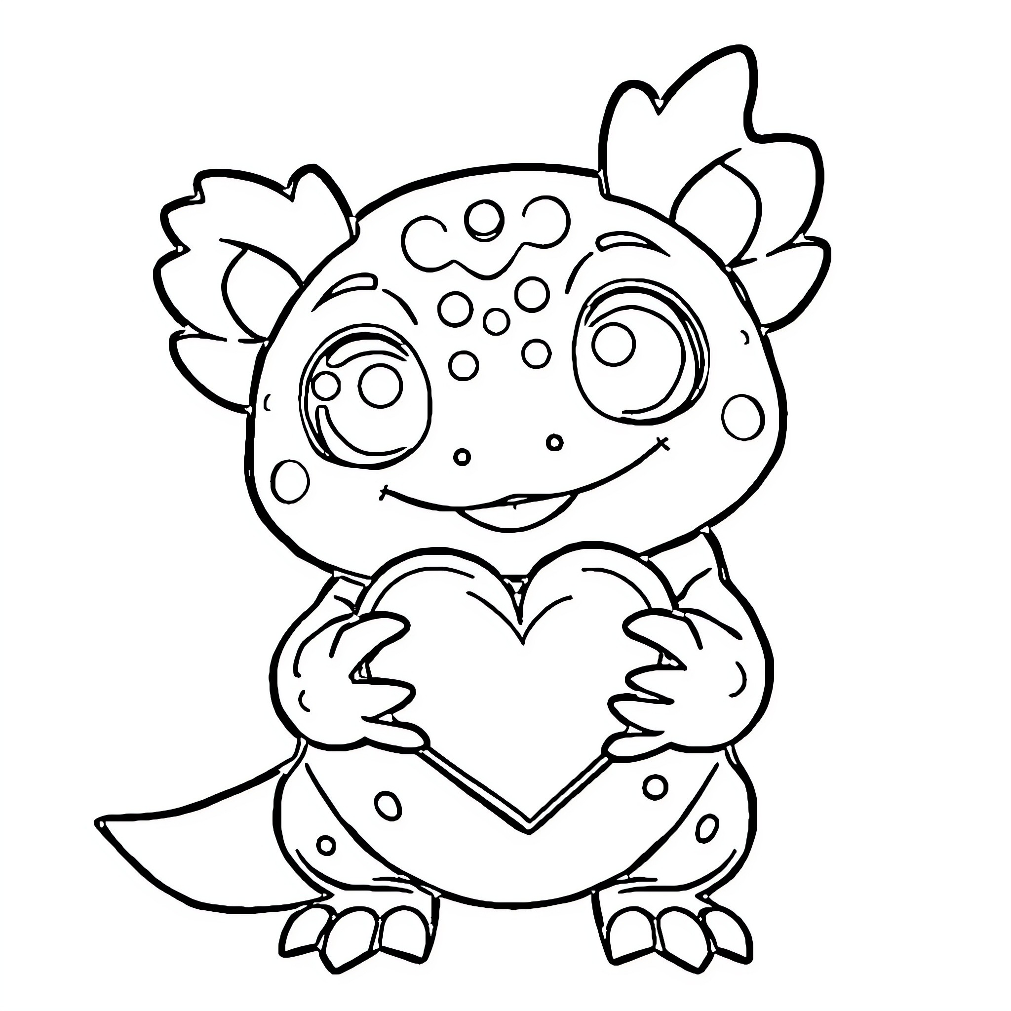 Axolotl holding a heart with expressions Coloring Page (free black-and-white line drawing printable PDF for all, from beginners to advanced learners, including children, teens, adults, and seniors)