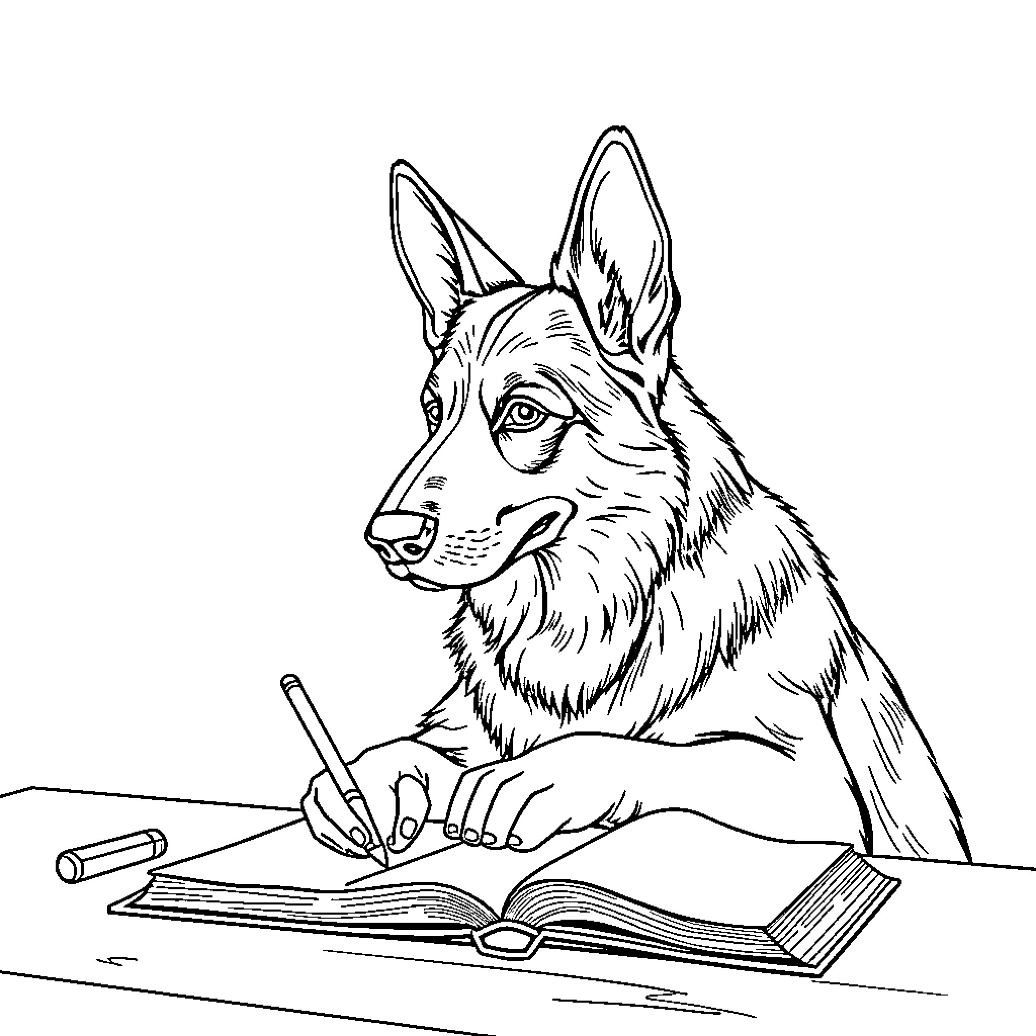 German Shepherd writing in a notebook Coloring Page (free black-and-white line drawing printable PDF for all, from beginners to advanced learners, including children, teens, adults, and seniors)