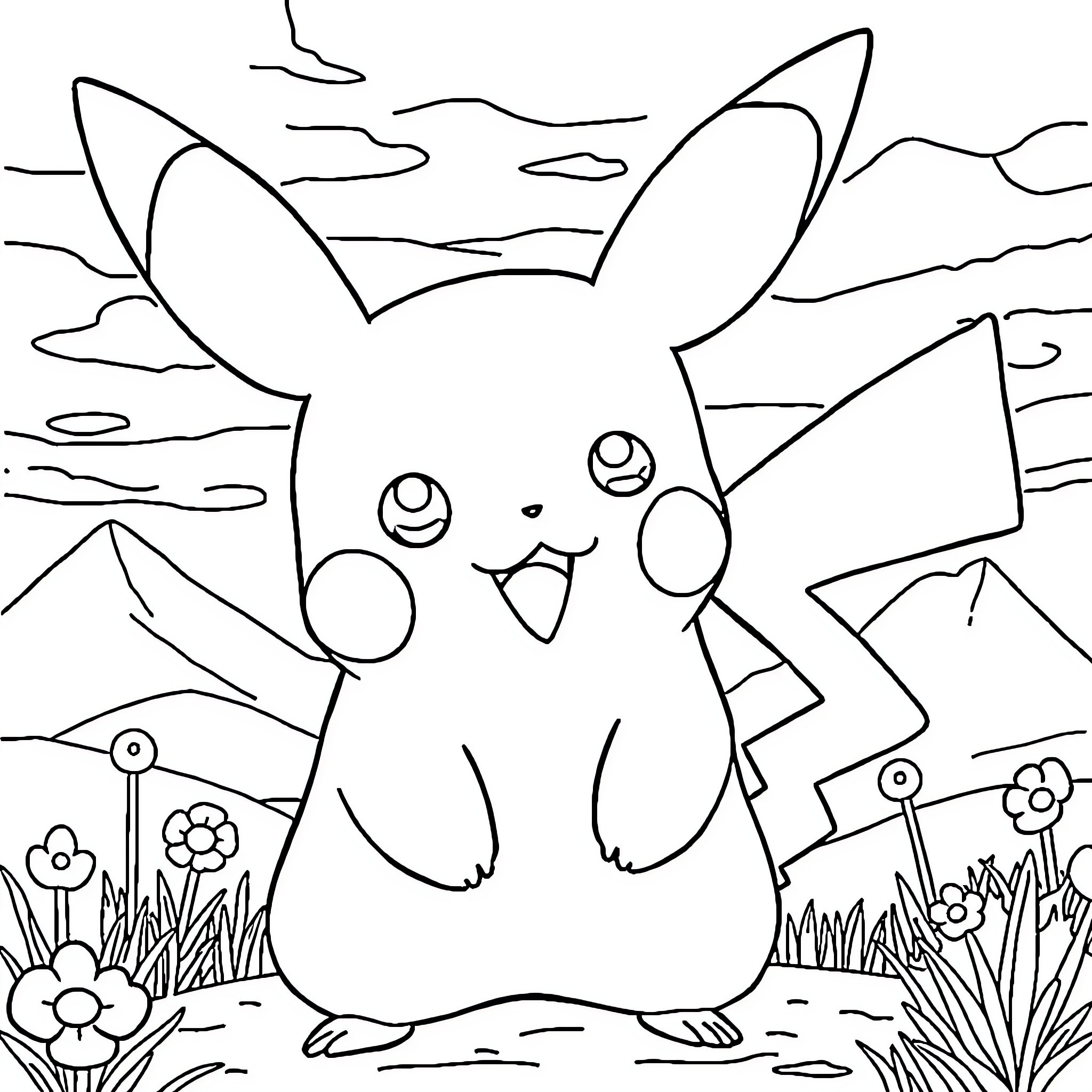 Pikachu enjoying nature's beauty Coloring Page (free black-and-white line drawing printable PDF for all, from beginners to advanced learners, including children, teens, adults, and seniors)