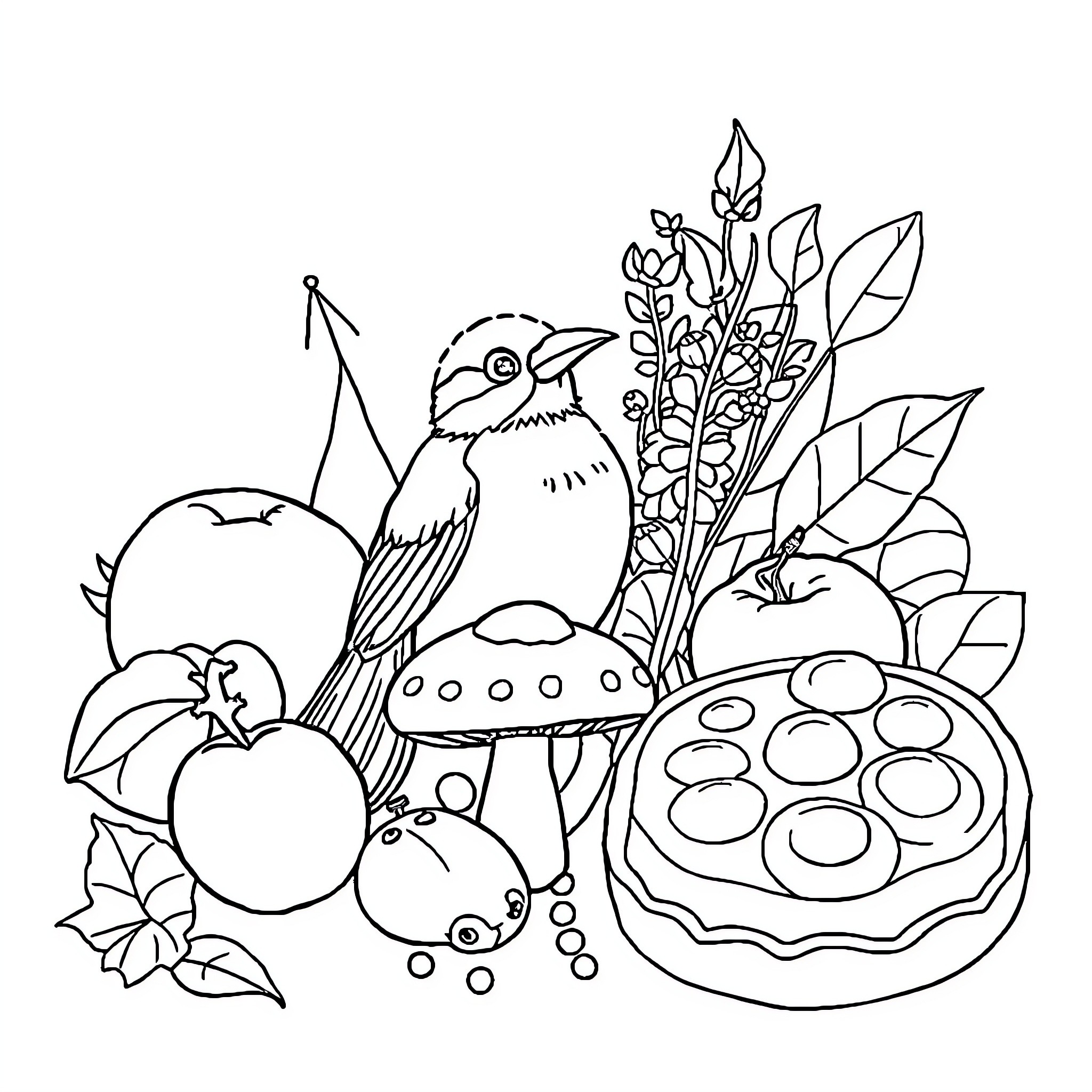 Element of Nature's Abundance and Whimsy Coloring Page (free black-and-white line drawing printable PDF for all, from beginners to advanced learners, including children, teens, adults, and seniors)