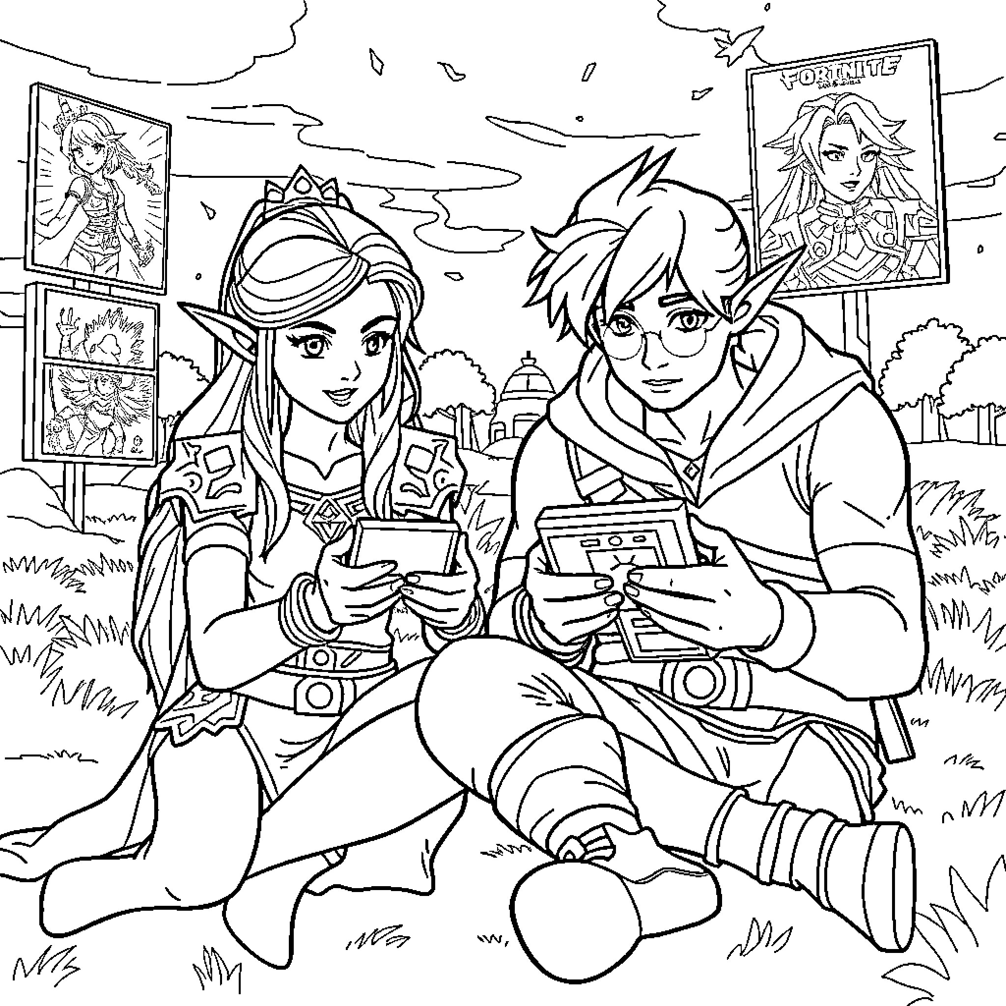 Princess Zelda and Link playing video games together Coloring Page (free black-and-white line drawing printable PDF for all, from beginners to advanced learners, including children, teens, adults, and seniors)